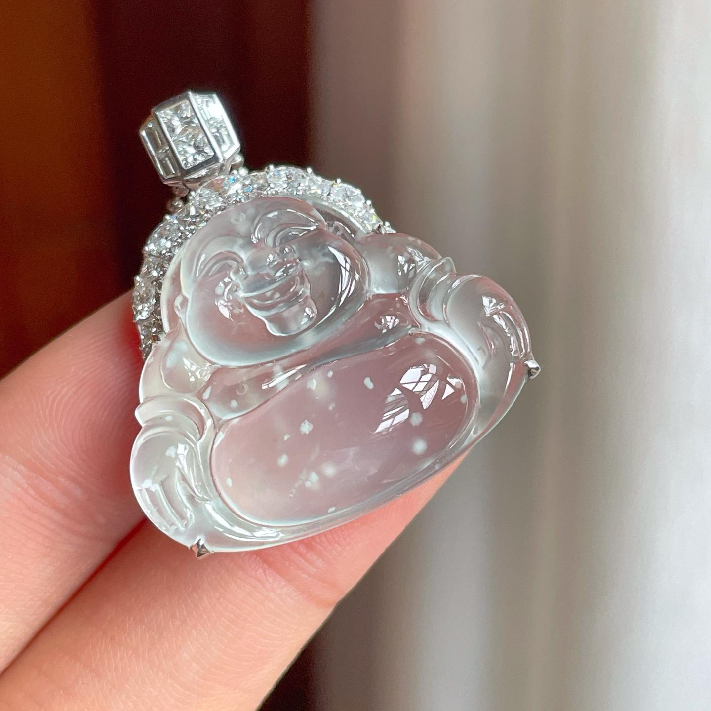 18k金镶冰玻种雪花棉翡翠佛公（yc248487）