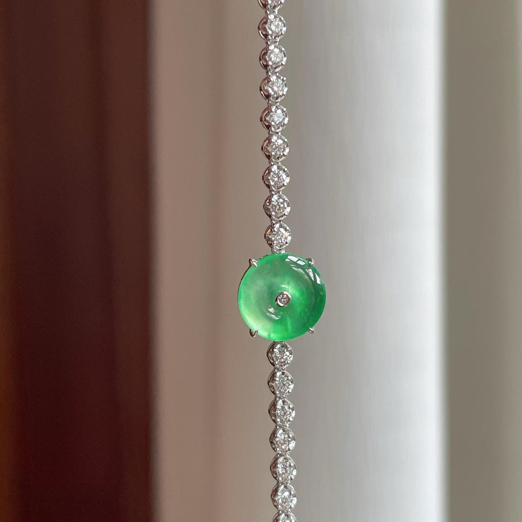 18k金镶冰种翠绿翡翠平安扣（yc253255）