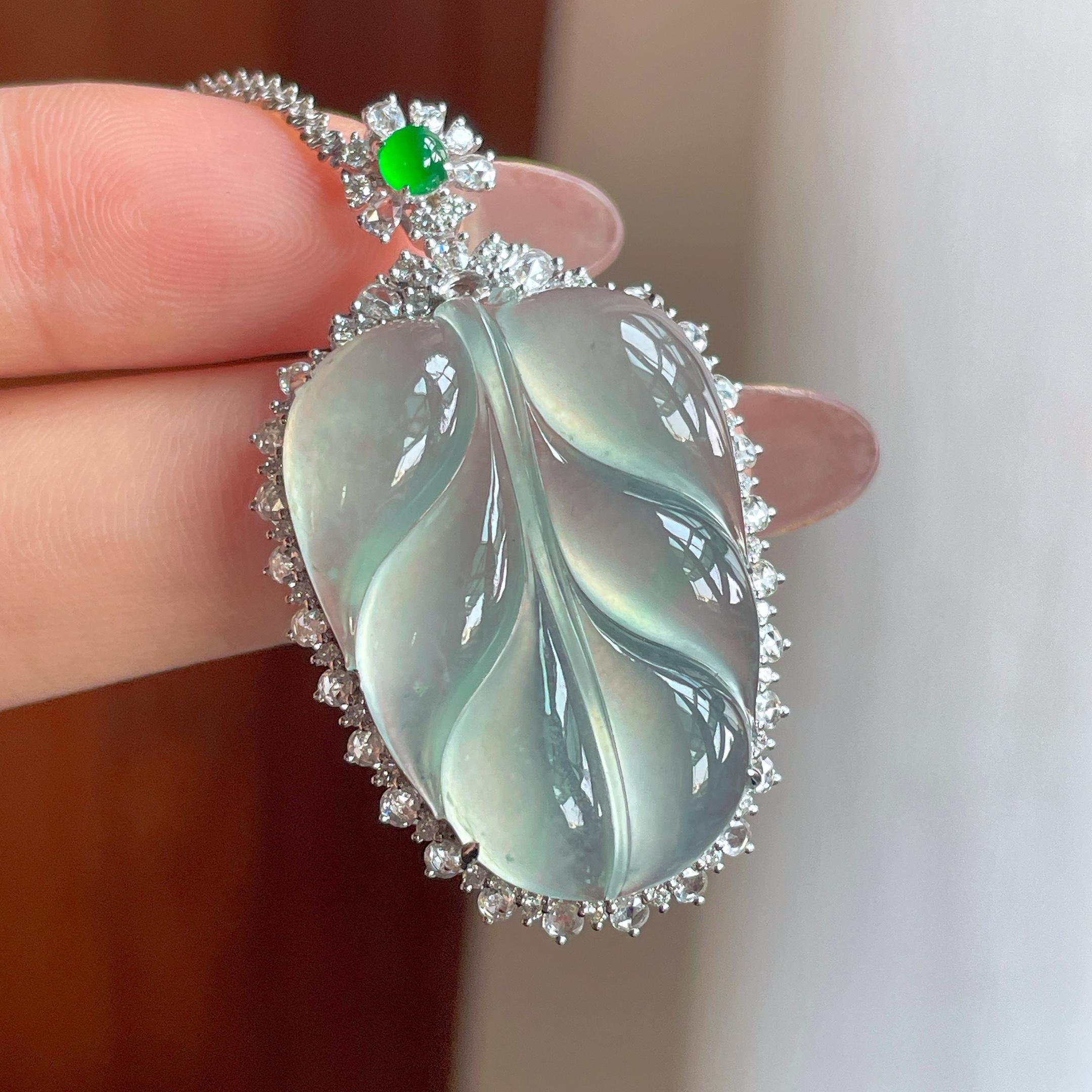 18k金钻镶冰种晴底翡翠叶子（yc356778）