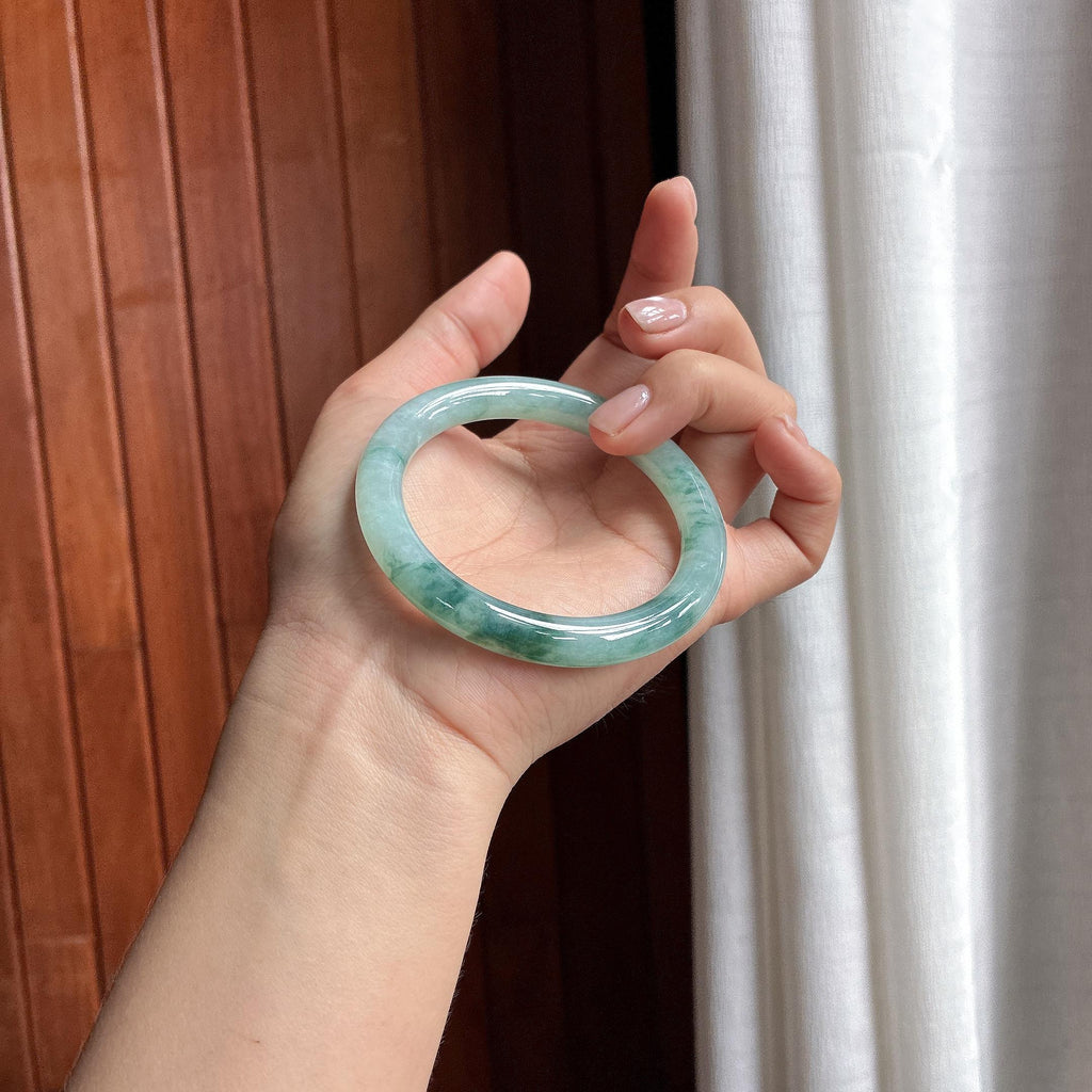 糯冰飘花圆条手镯 56圈 天然缅甸A货翡翠（yc481995）