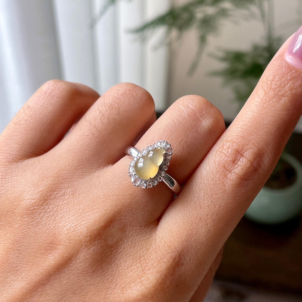 18k金钻镶冰种黄翡葫芦戒指天然缅甸A货翡翠（yc321387）