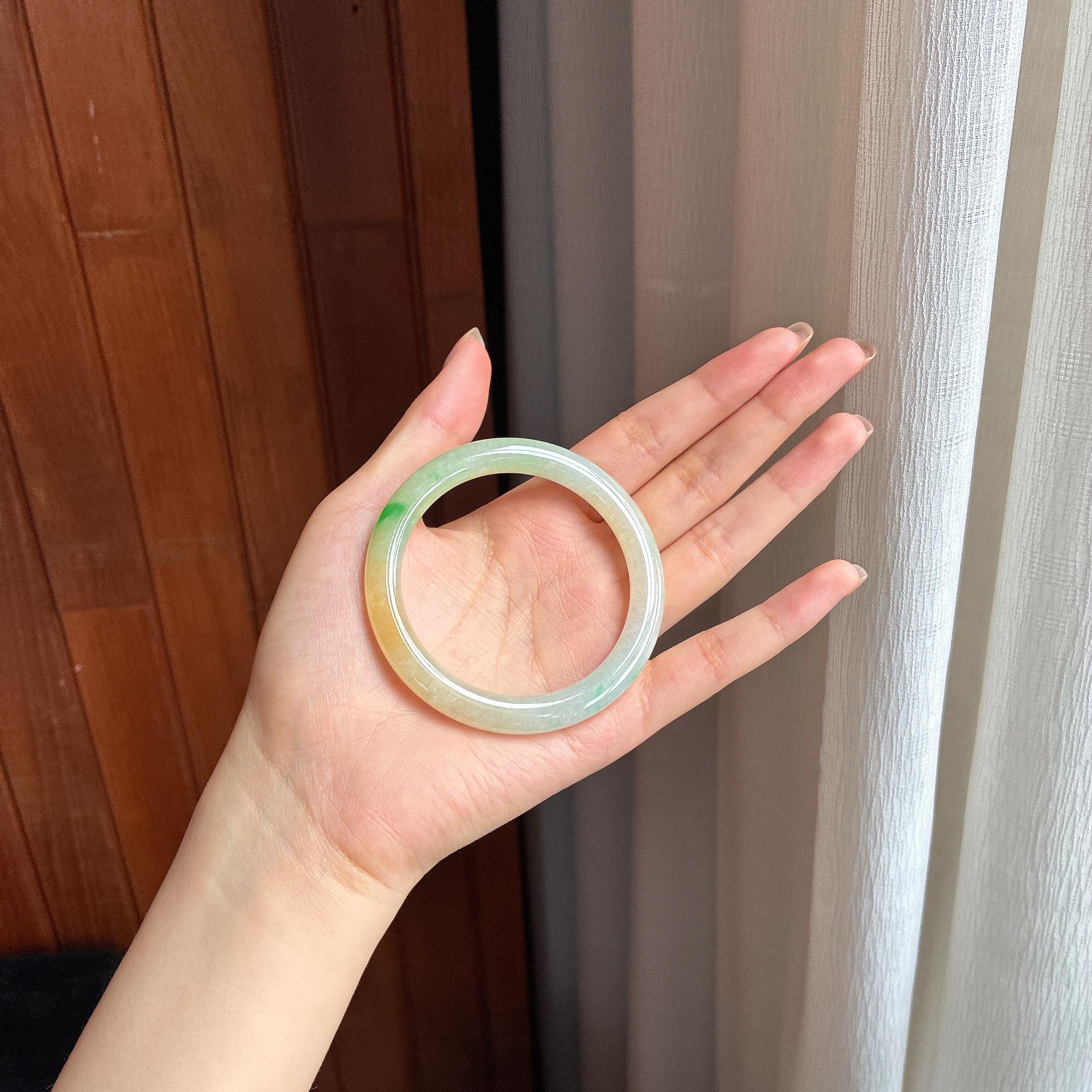 糯冰黄加绿翡翠圆条手镯 53圈（yc436796）