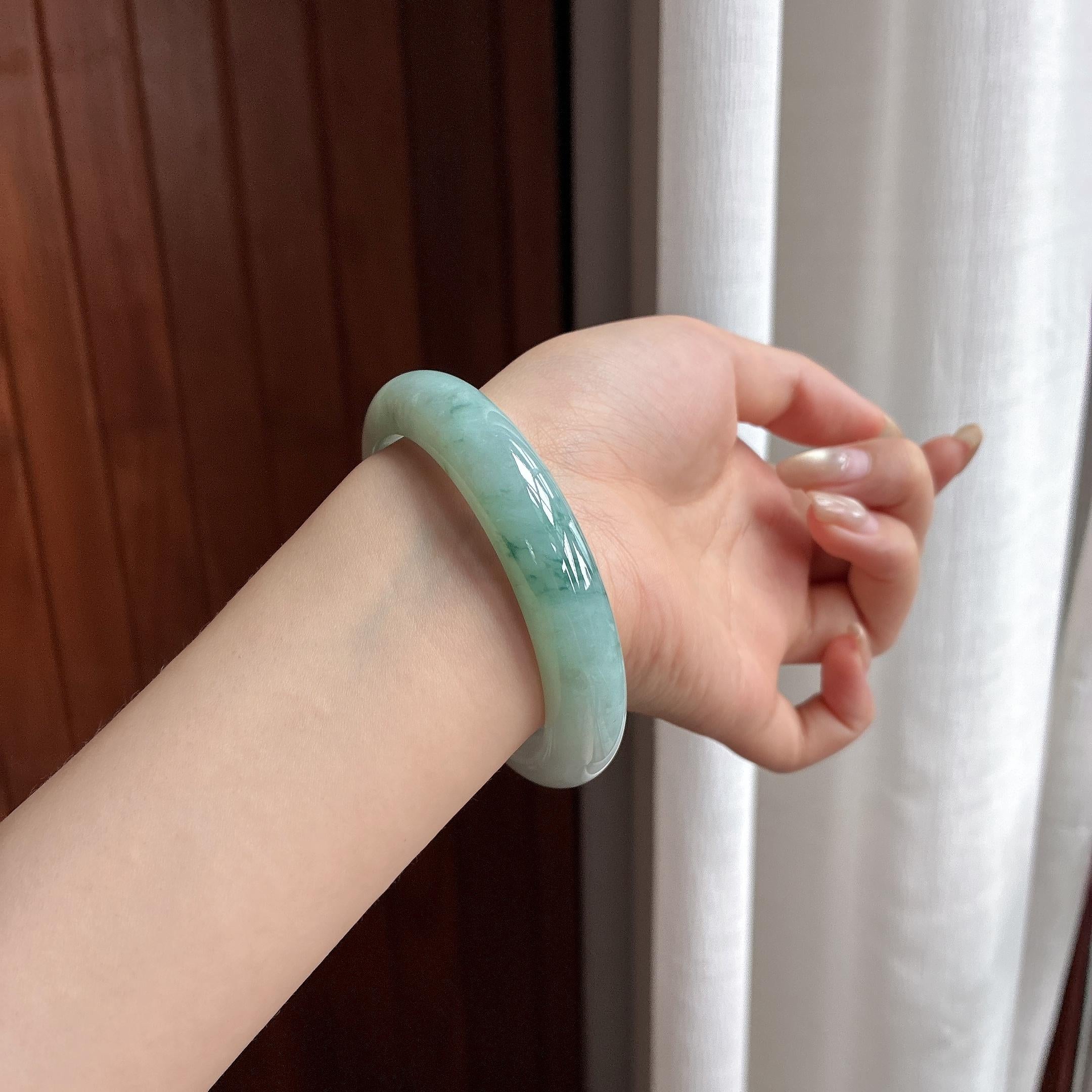 大圈口 细糯种飘花正圈平安镯 59圈 天然缅甸A货翡翠（yc466365）