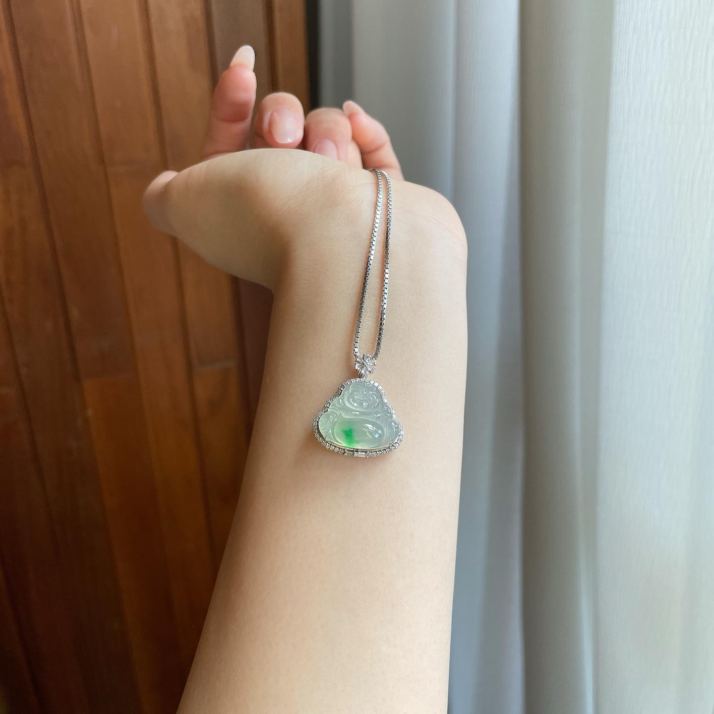 18k金钻镶冰种飘花翡翠佛公（yc269032）