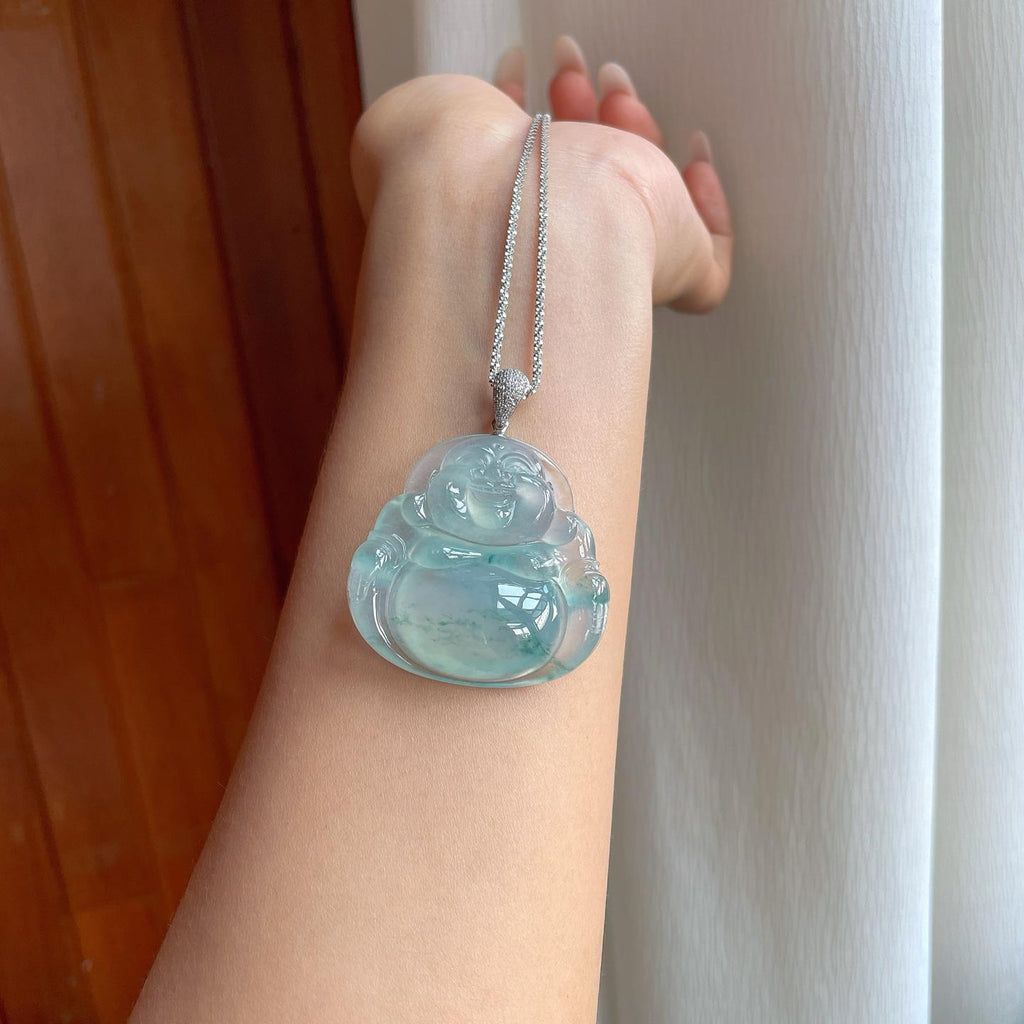 18k金扣冰种飘蓝花翡翠佛公（yc263556）