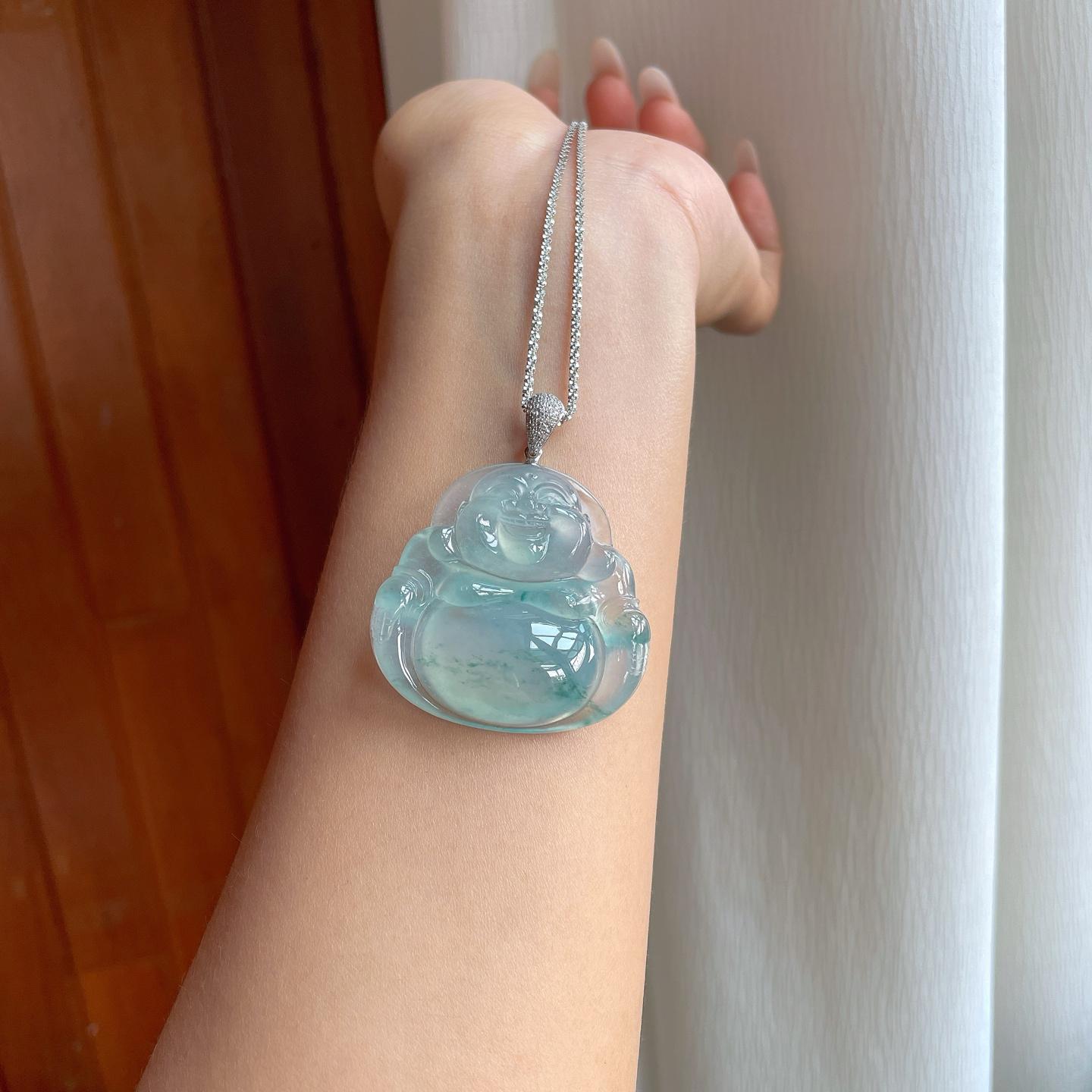 18k金扣冰种飘蓝花翡翠佛公（yc263556）