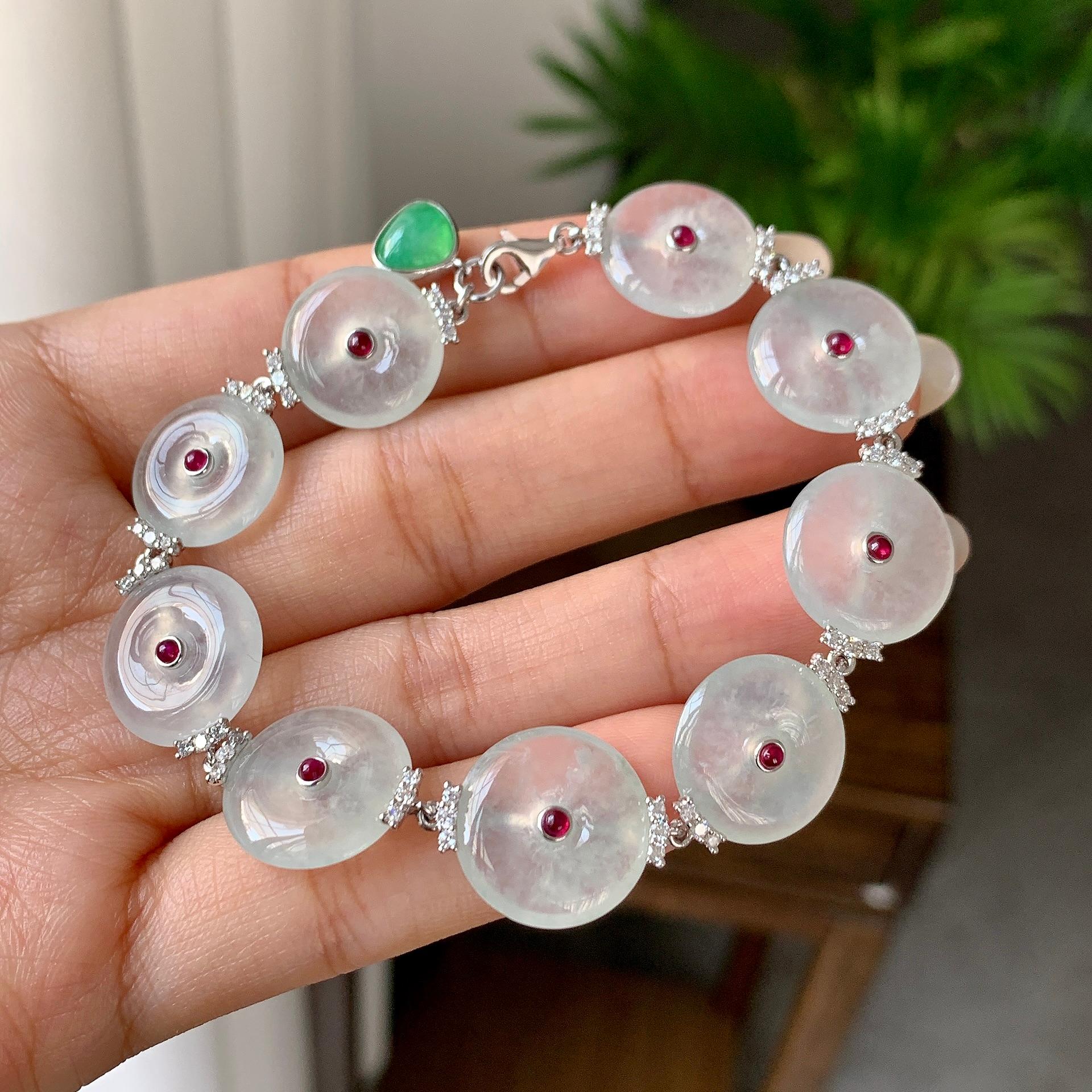 18K金钻镶糯冰种无色平安扣手链（yc246598）