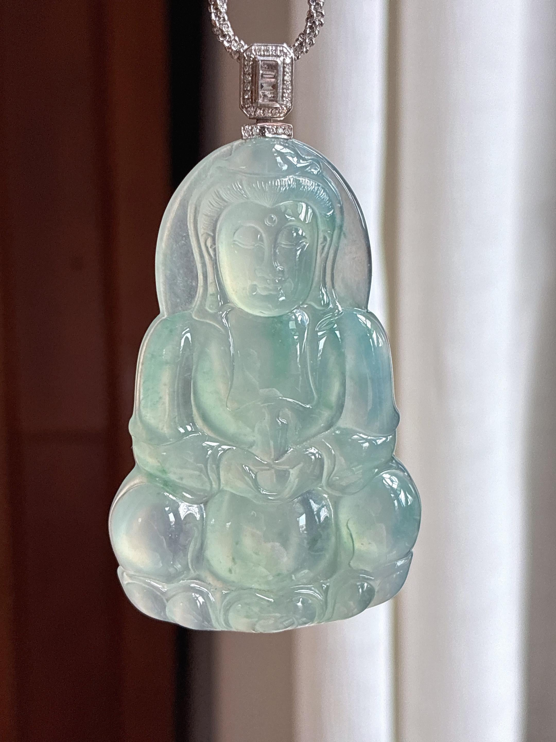 18k金扣头冰种晴底翡翠观音天然缅甸A货翡翠（yc438177）