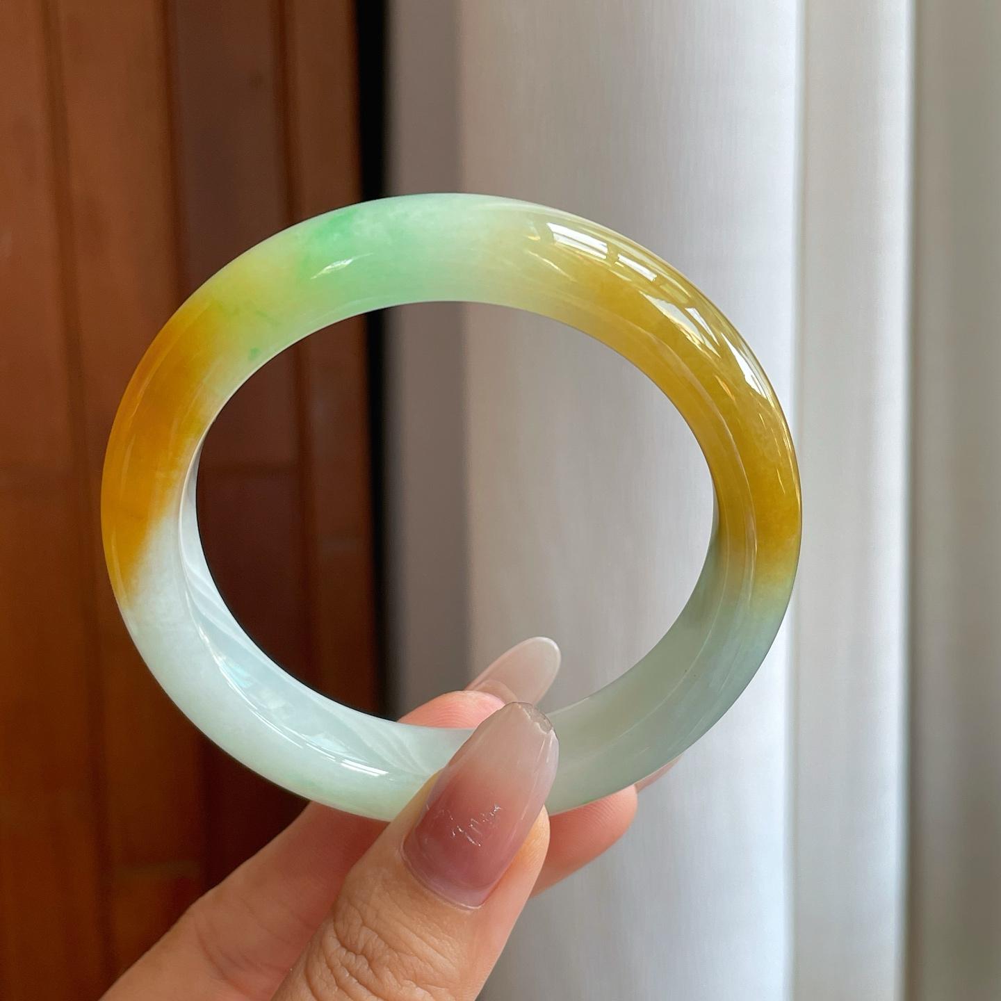 糯冰黄加绿翡翠平安镯（58.5mm）（yc268243）