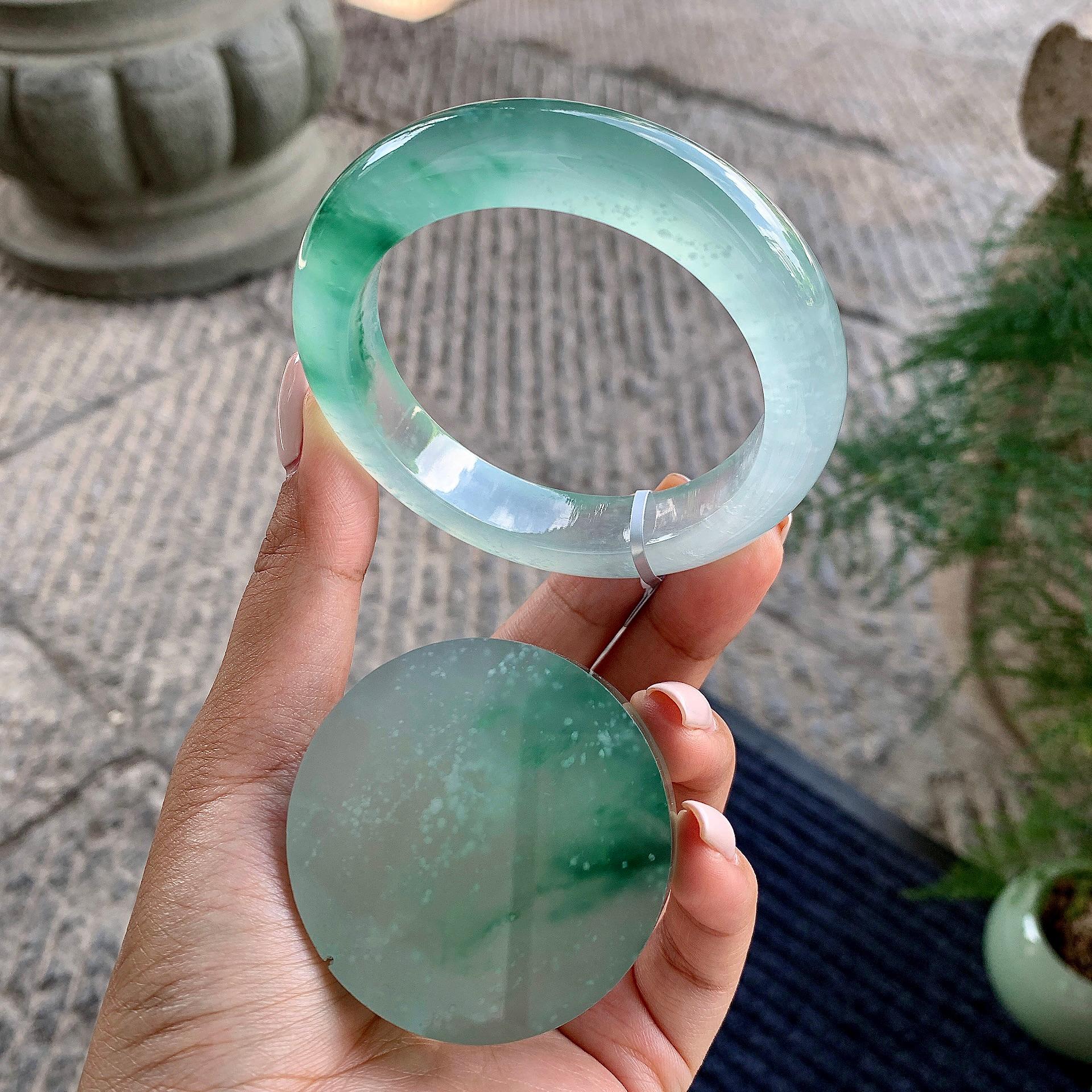 高冰种飘绿雪花棉平安镯/镯心（55.4mm）（yc226153）