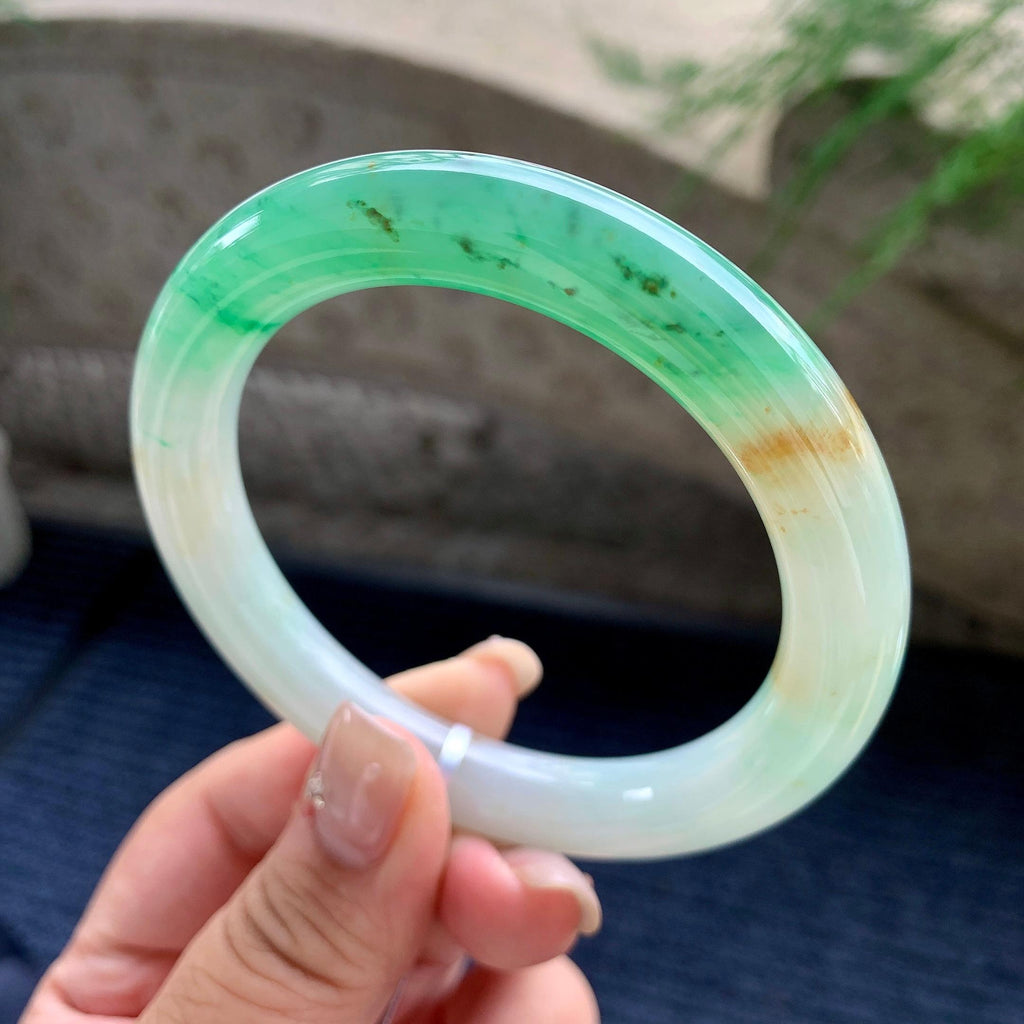 大圈口 糯冰种翠绿飘花洒金圆条手镯 59圈口 天然缅甸A货翡翠（yc464046）