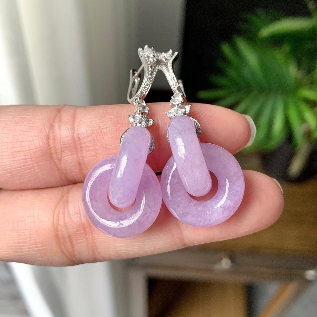 18K金钻镶糯冰种紫罗兰环环相扣耳坠（yc253840）