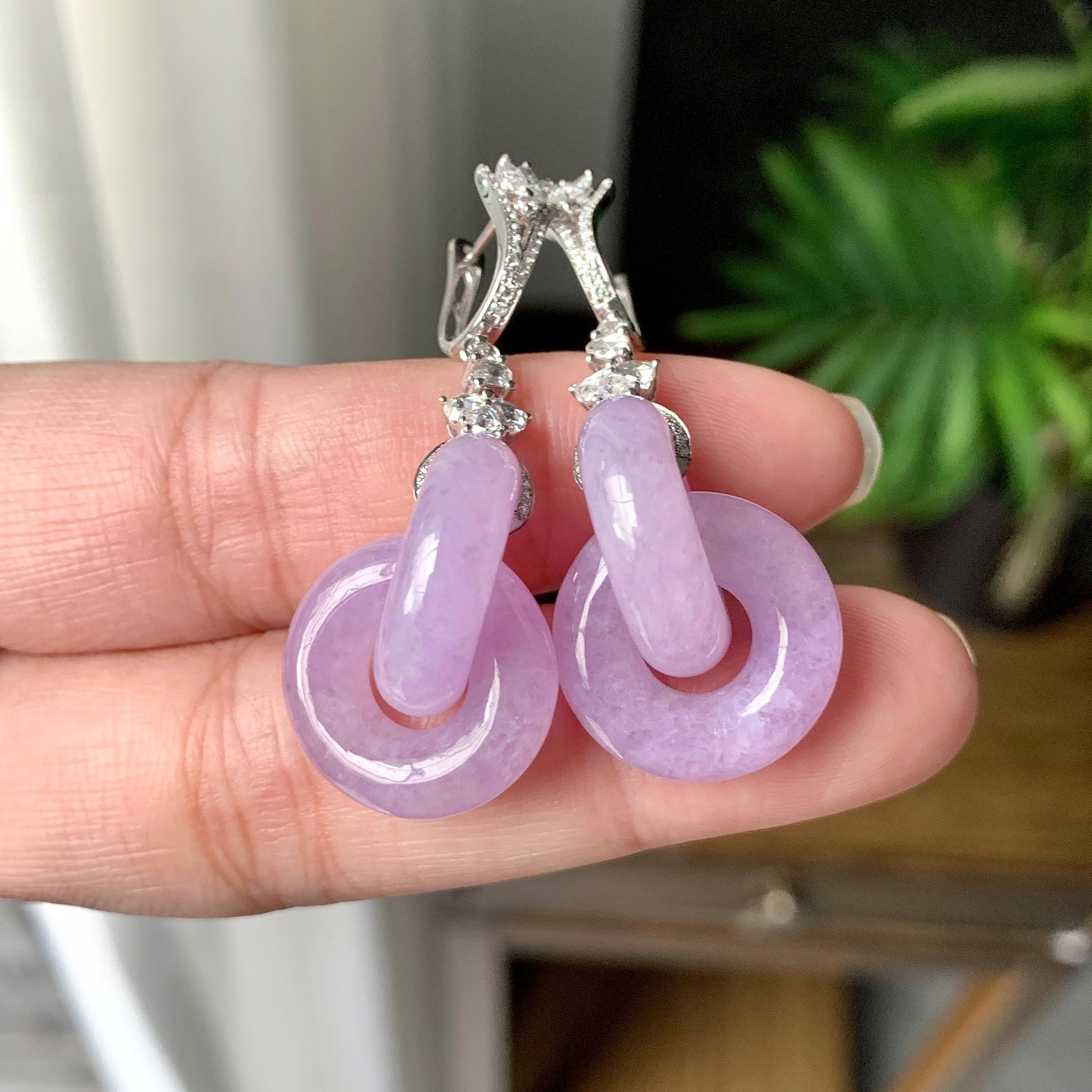 18K金钻镶糯冰种紫罗兰环环相扣耳坠（yc253840）