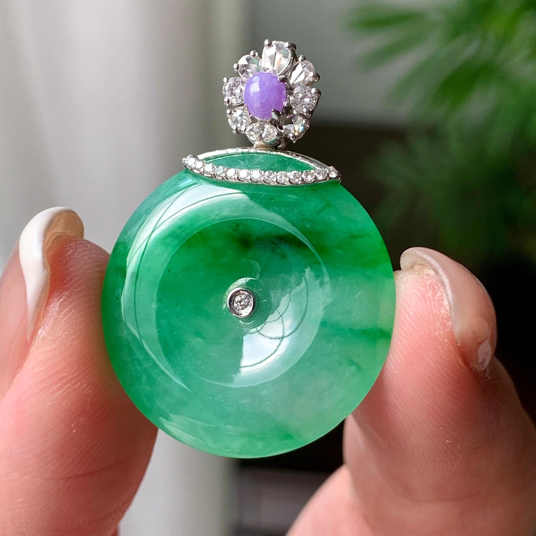 18K金钻镶糯冰种飘绿花平安扣吊坠  天然缅甸A货翡翠（yc362088）