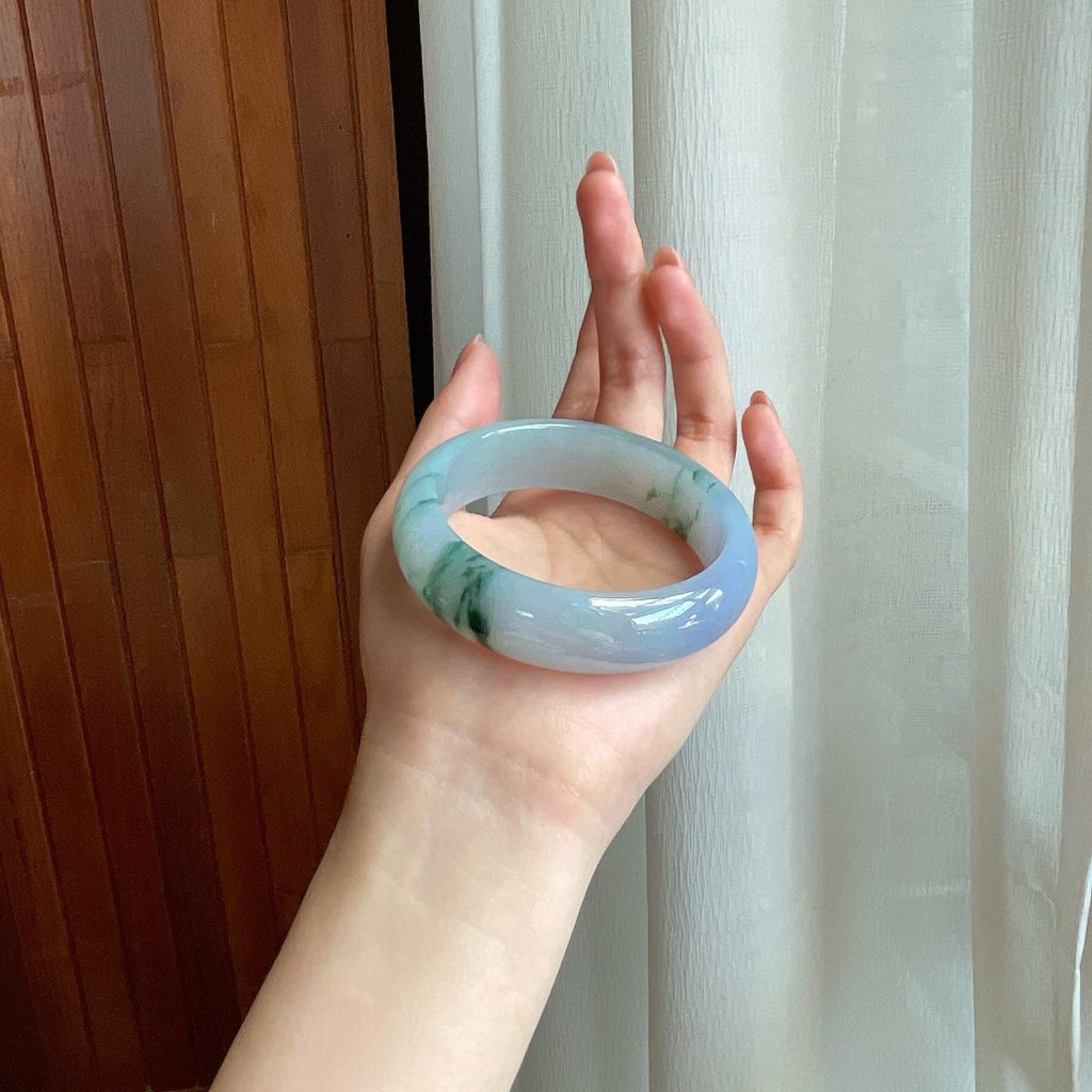 冰种紫罗兰飘花宽版翡翠平安镯（57mm）（yc335314）