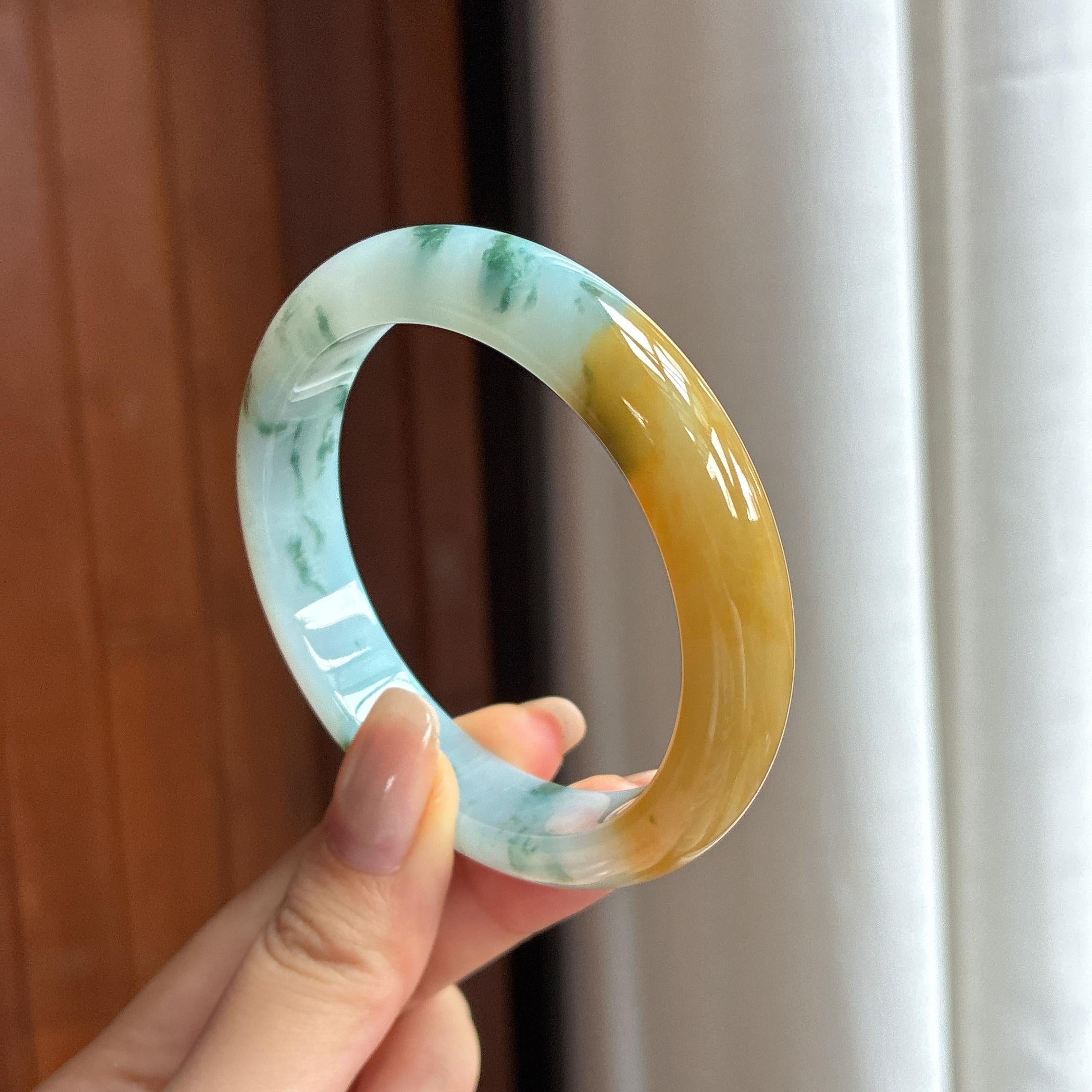 Vòng tay ngọc phỉ thúy vàng băng tuyết nếp có hoa văn đặc sắc, vòng tròn bình an 56, ngọc phỉ thúy tự nhiên hạng A Myanmar (yc450482)