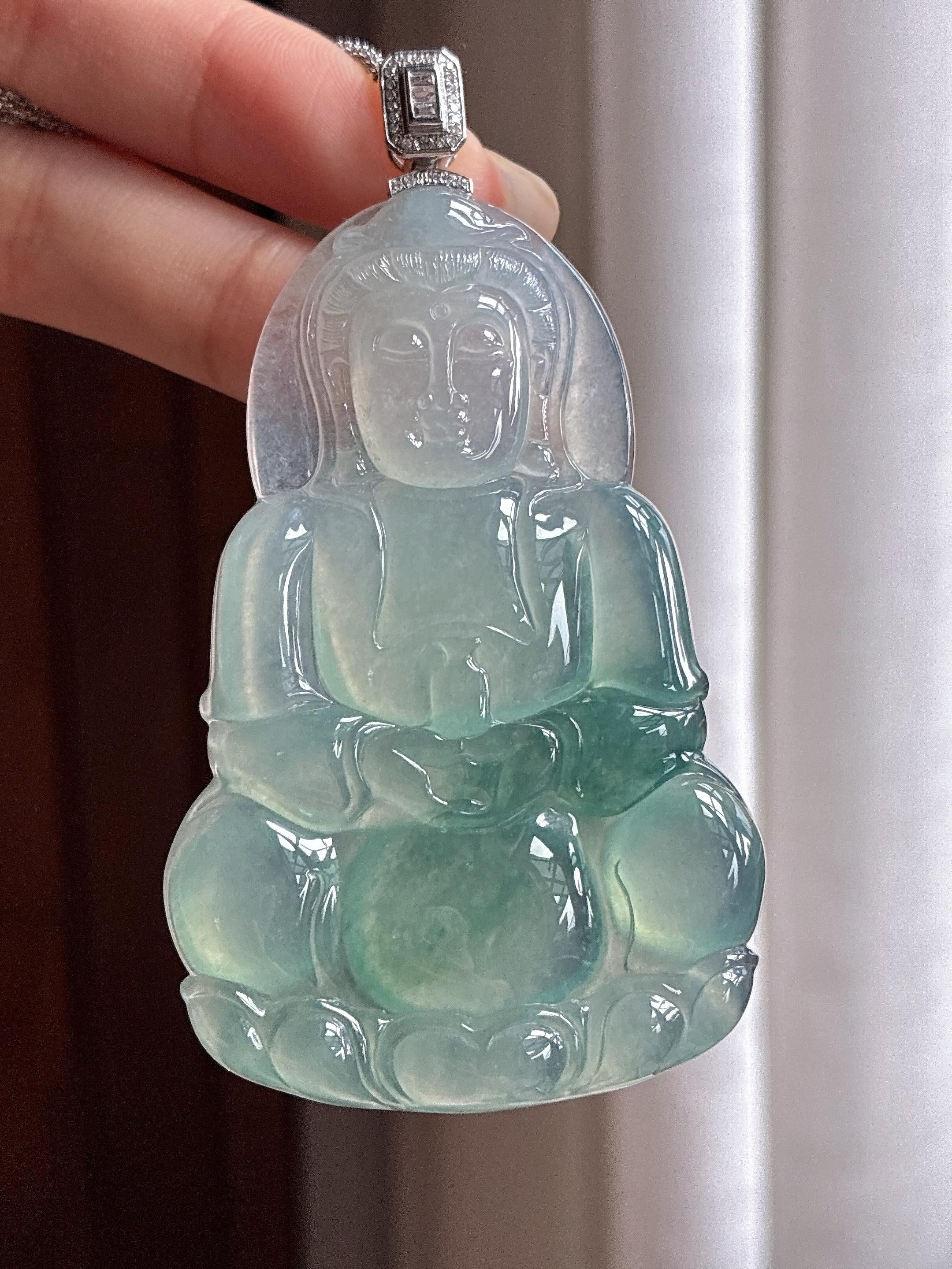 18k金扣头冰种飘花观音挂件 天然缅甸A货翡翠（yc466342）