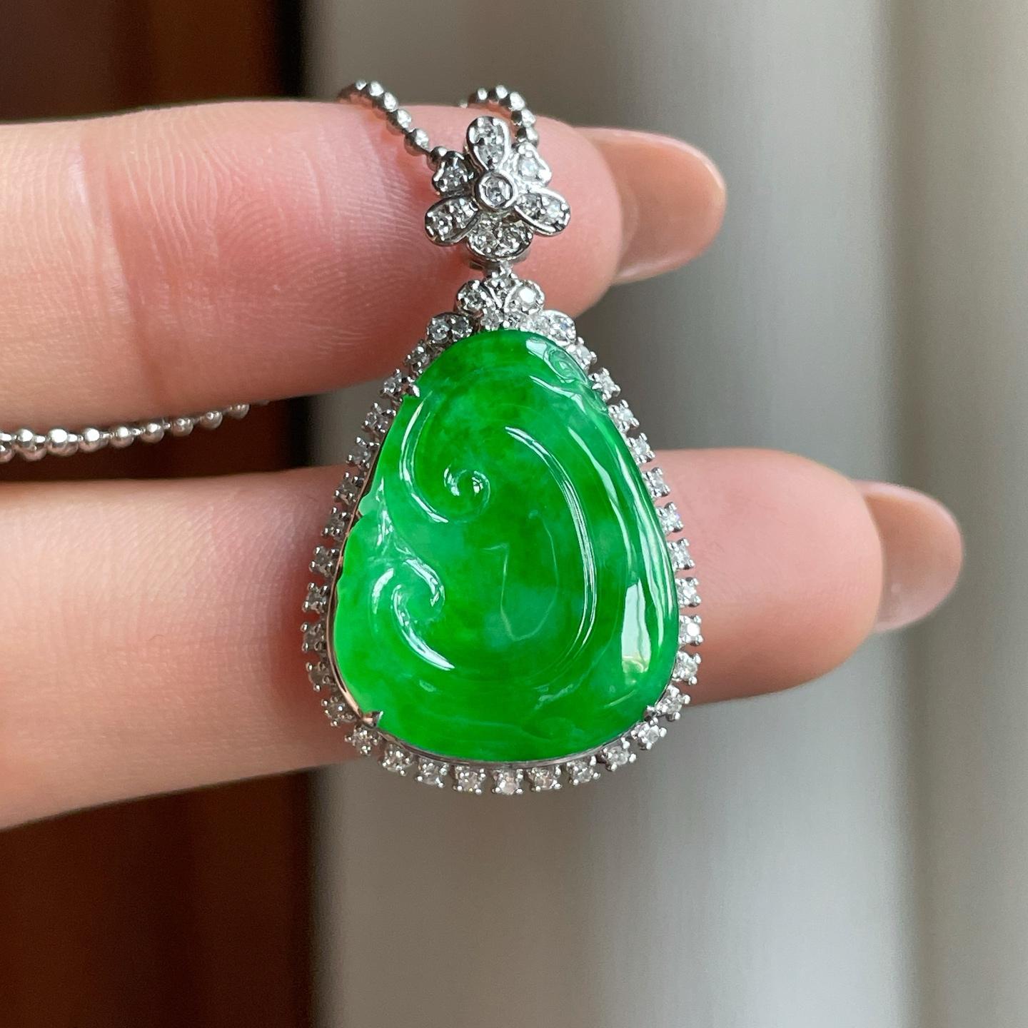 18k金钻镶糯冰满绿翡翠如意（yc349422）