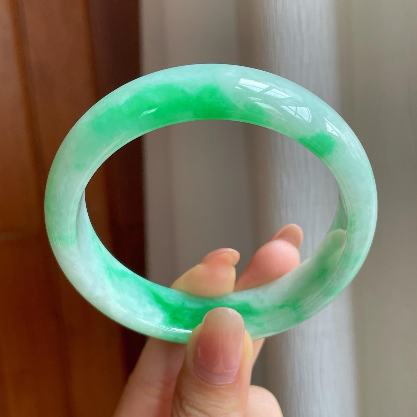 糯冰宽版带色翡翠平安镯（59mm)（yc350505）