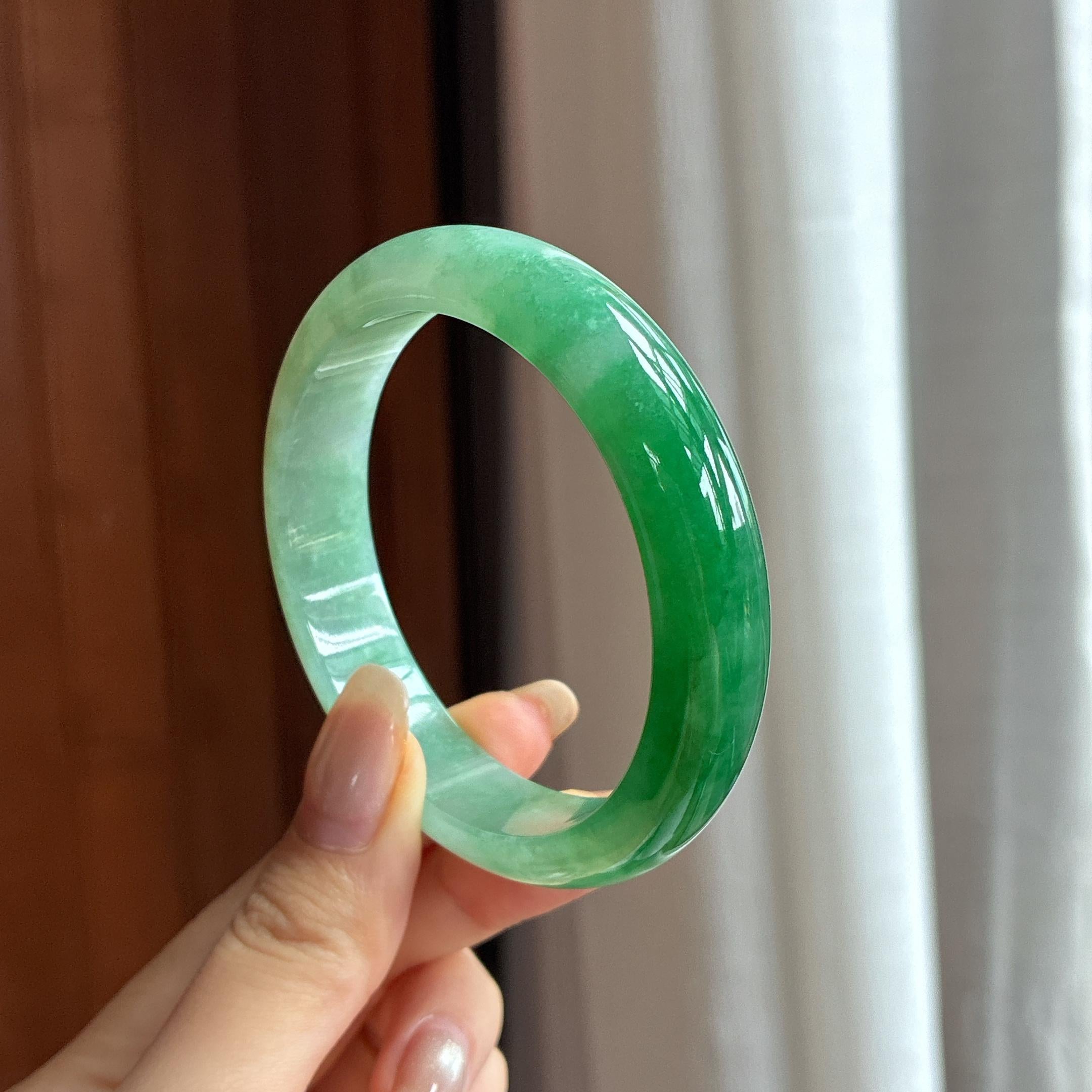 糯冰带色正圈平安镯 55圈 天然缅甸A货翡翠（yc452638）