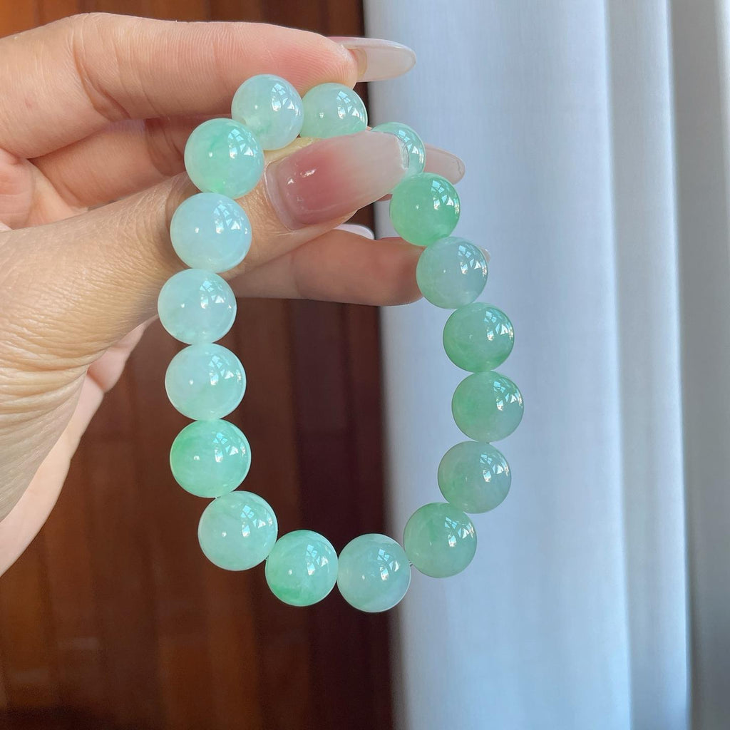 糯冰淡果绿底翡翠珠串手串（yc266474）