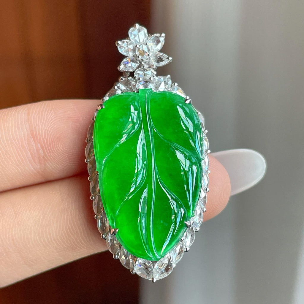 18k金镶冰种满绿翡翠叶子（yc258413）