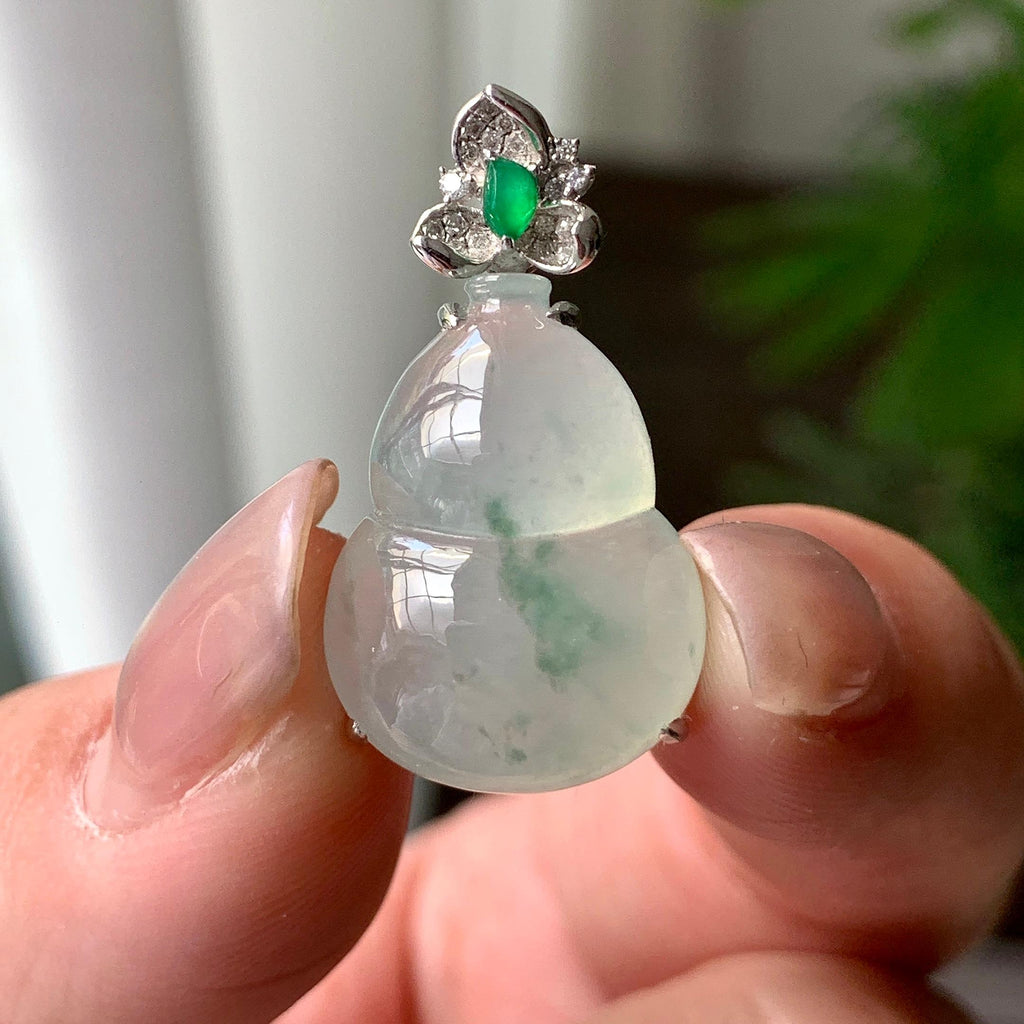 18K金钻镶糯冰种飘绿花葫芦吊坠 天然缅甸A货翡翠（yc356840）