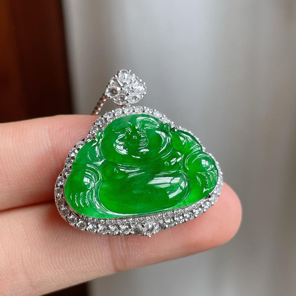 18k金镶冰种满绿翡翠佛公（yc250569）