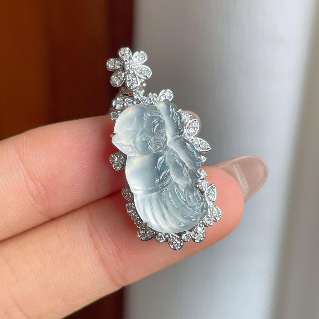 18k金镶冰种无色翡翠天使（yc244883）