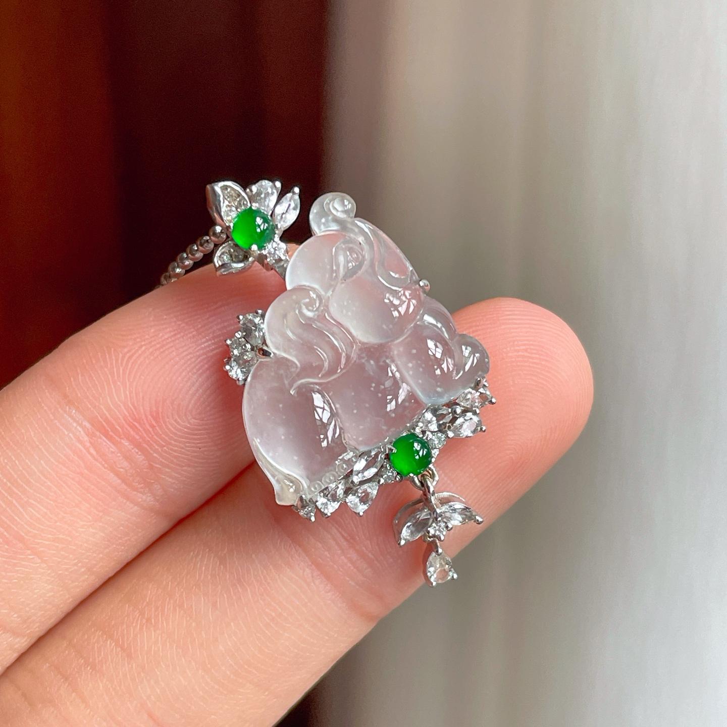 18k金钻镶冰玻种雪花棉翡翠吊坠（yc248477）