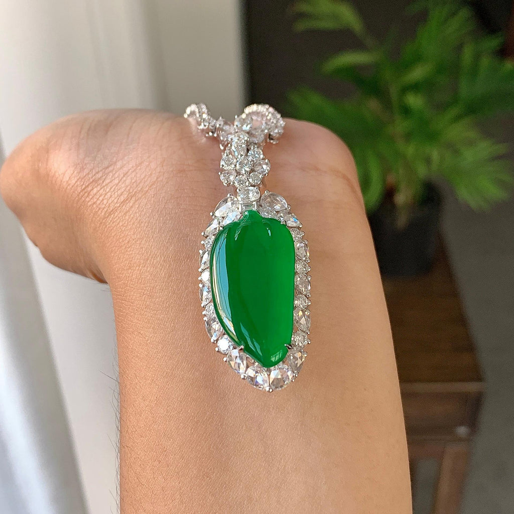 18k金钻镶冰种阳绿福瓜吊坠/项链（两用款）（yc242687）