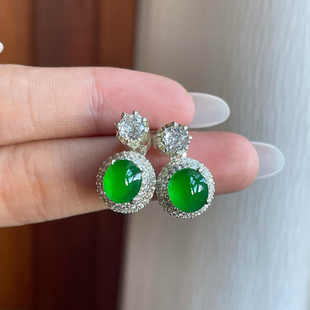 铜托冰种满绿翡翠蛋面耳饰（yc261407）