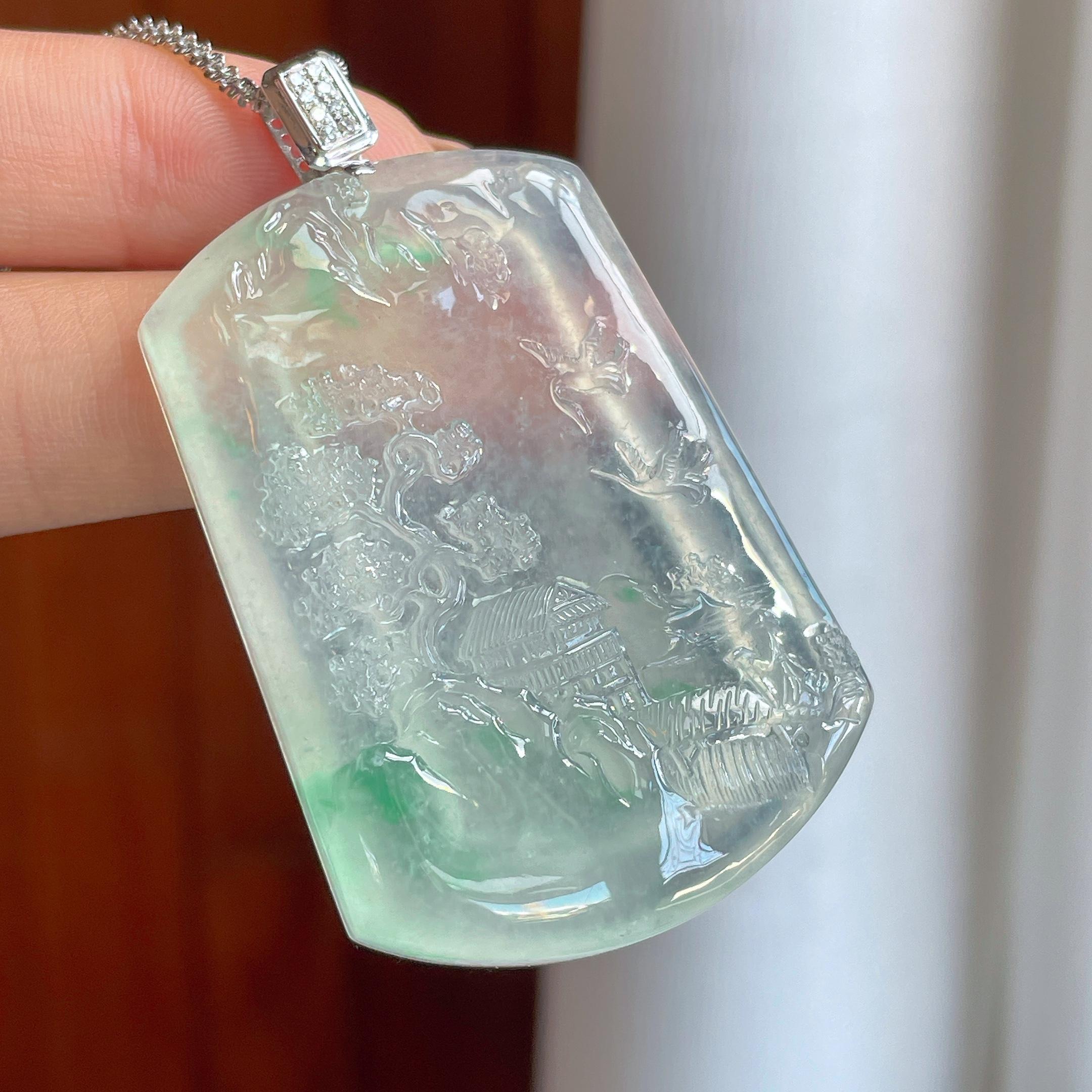 18k金钻镶冰种飘绿花翡翠山水牌（yc292734）
