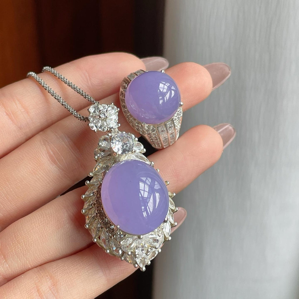 铜托冰种紫罗兰翡翠蛋面一套（yc186006）