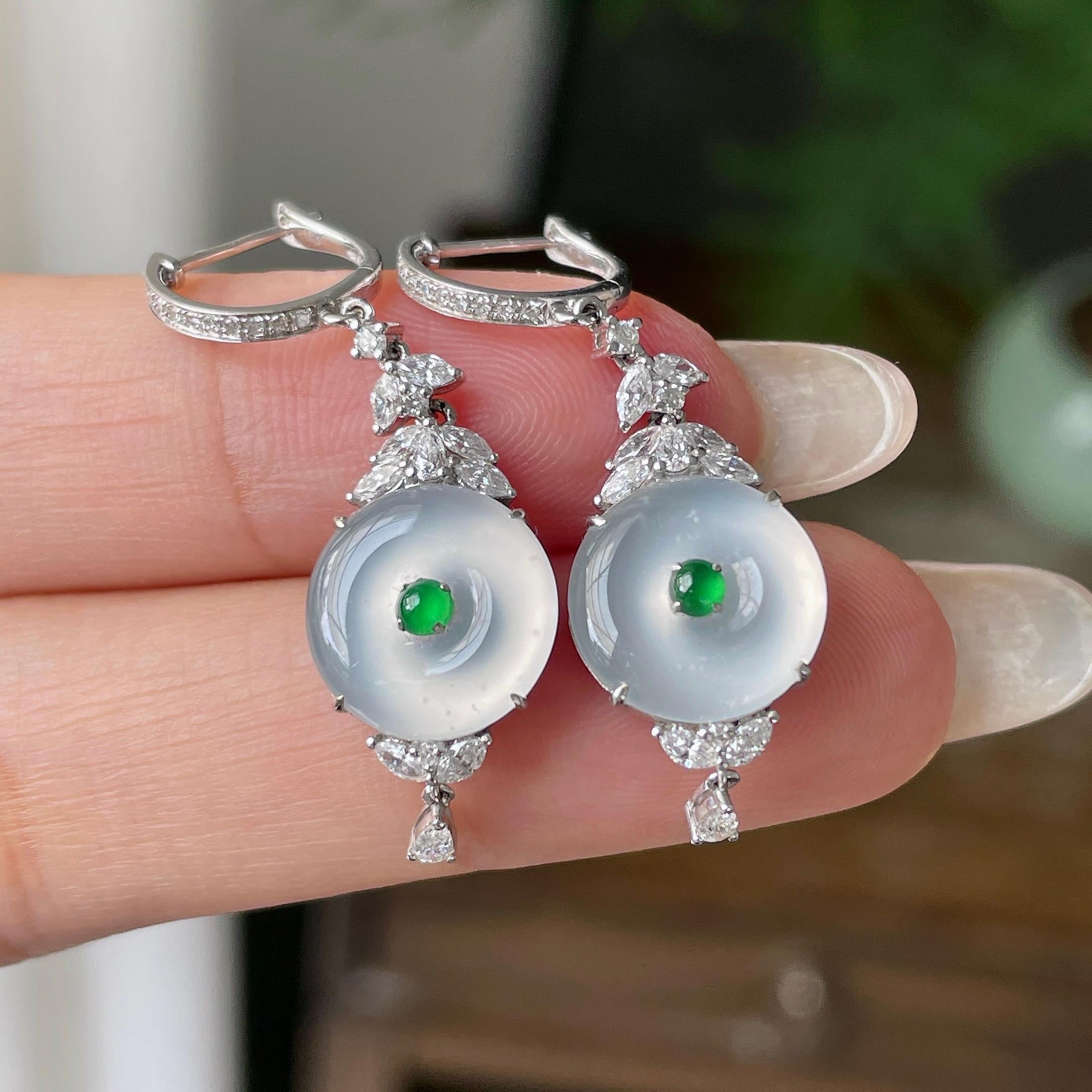 18k金钻镶冰种无色平安扣耳坠    天然缅甸A货翡翠（yc356856）