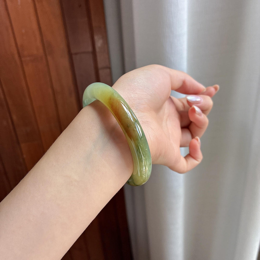 糯冰黄翡飘花特色圆条手镯 53圈 天然缅甸A货翡翠（yc697715）