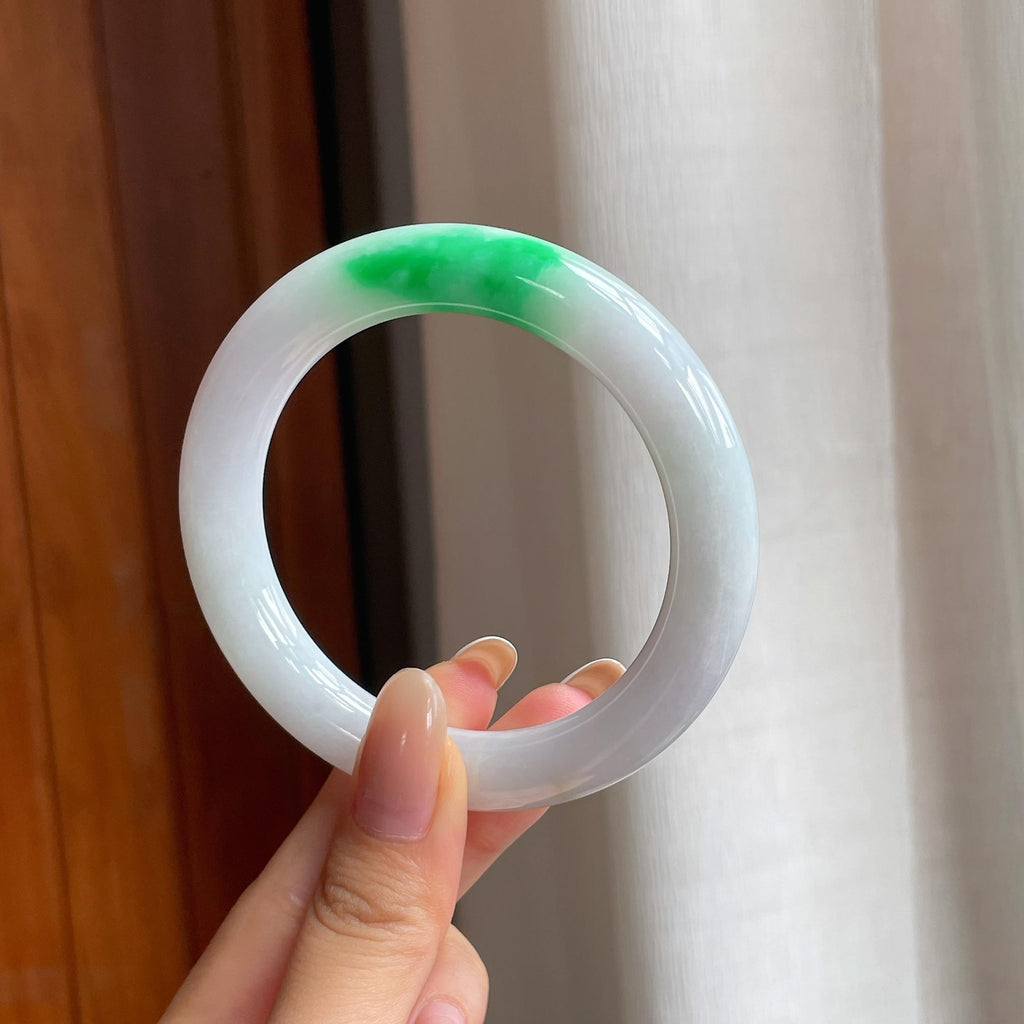 糯冰白底青翡翠圆条手镯（57mm)（yc415954）