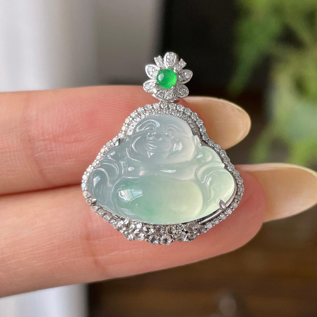 18k金镶冰种淡晴水佛公吊坠 天然缅甸A货翡翠（yc466788）