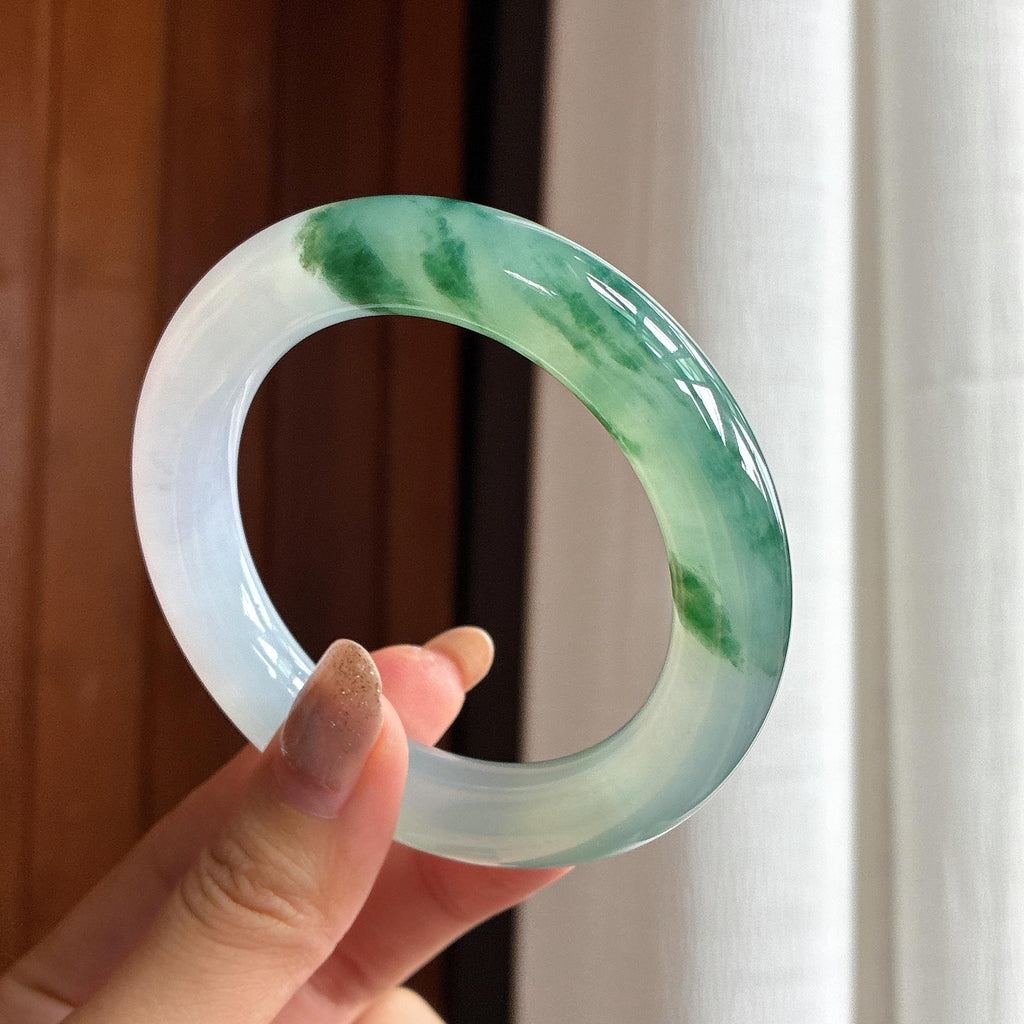 冰种淡春底飘花圆条手镯 56圈 天然缅甸A货翡翠（yc457750）