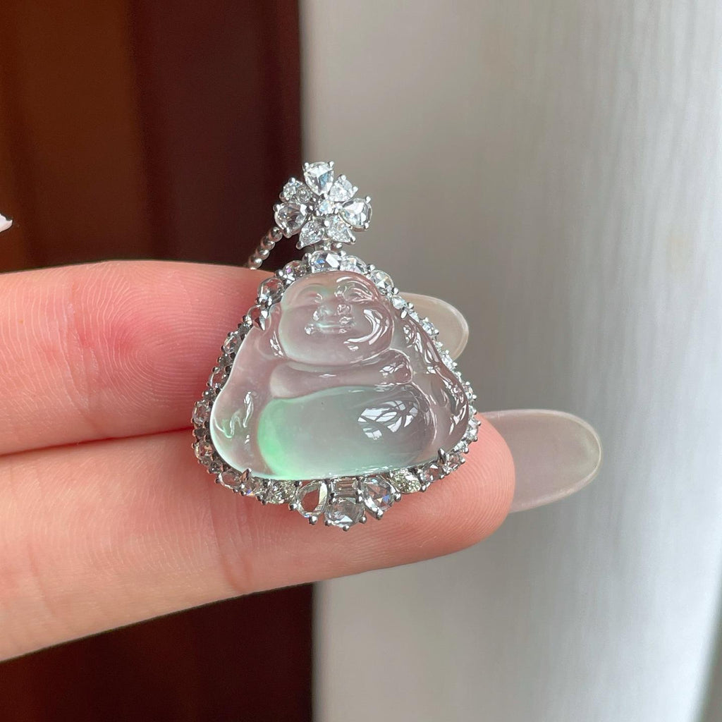 18k金钻镶冰玻种飘花翡翠佛公（yc263553）