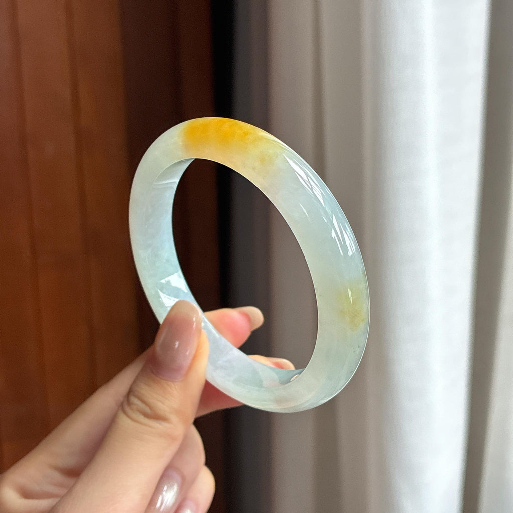 Vòng tay ngọc phỉ thúy màu vàng băng tuyết viền tròn bình an 56, Ngọc phỉ thúy tự nhiên loại A Myanmar (yc450849)