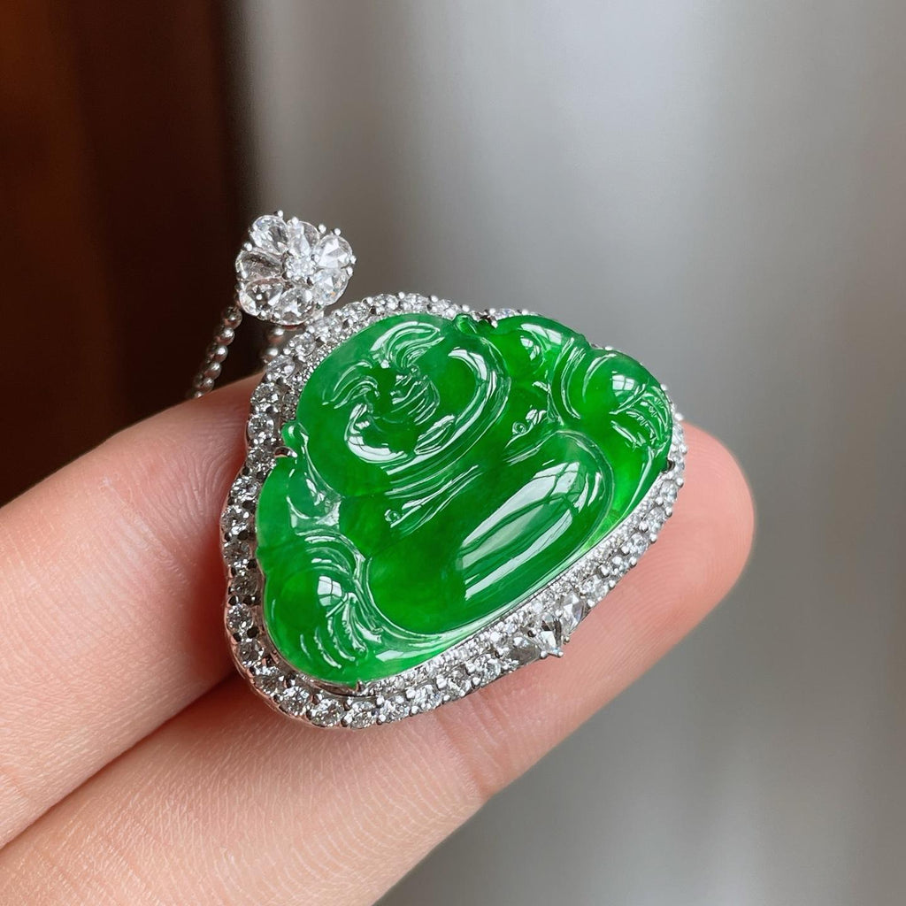 18k金镶冰种满绿翡翠佛公（yc250569）