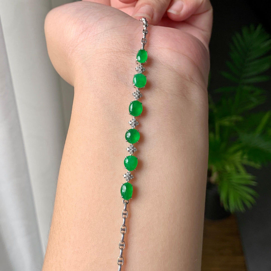 18K金钻镶糯冰种满绿蛋面手链（yc207282）