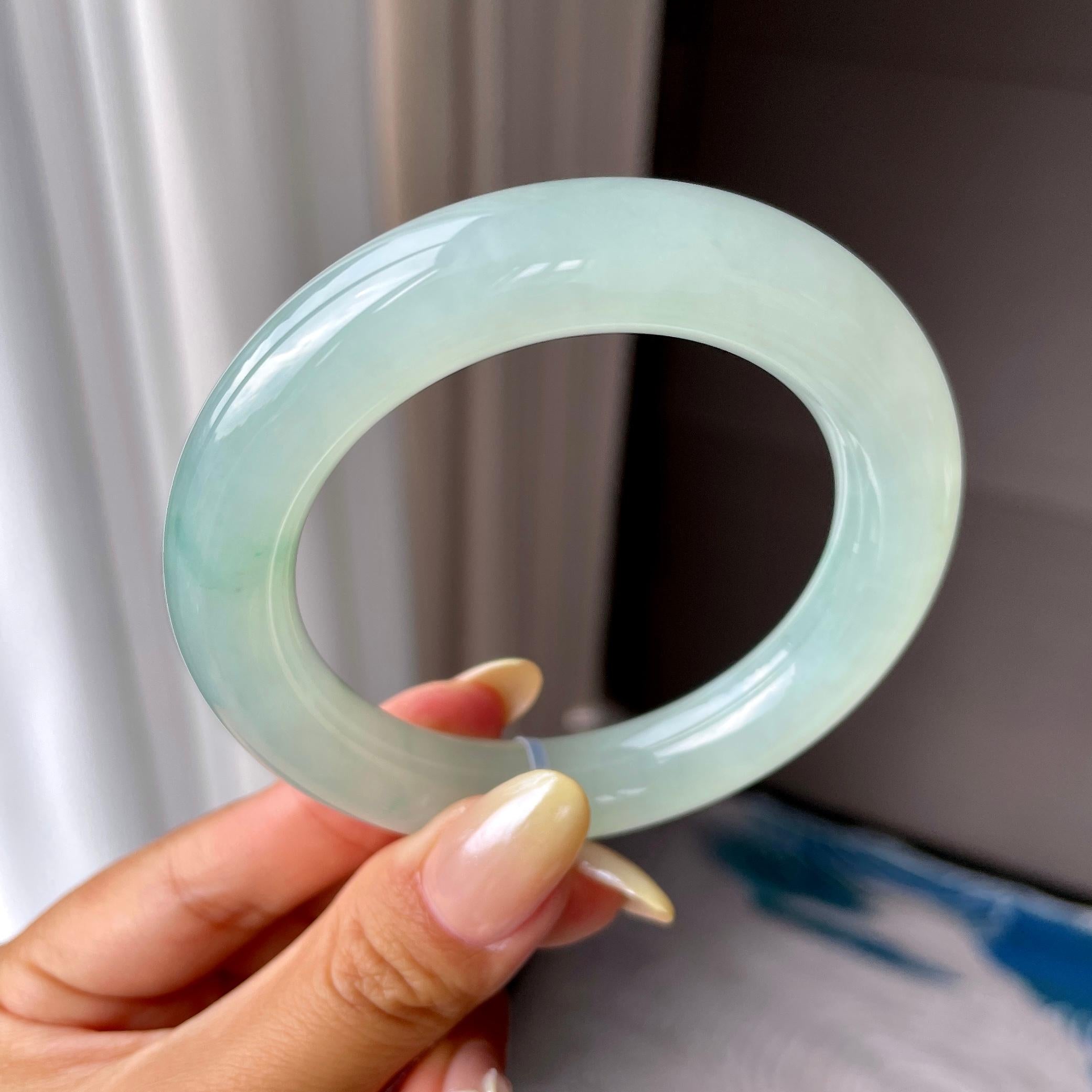 糯冰种晴水飘花圆条手镯54.8圈 天然缅甸A货翡翠（yc453357）