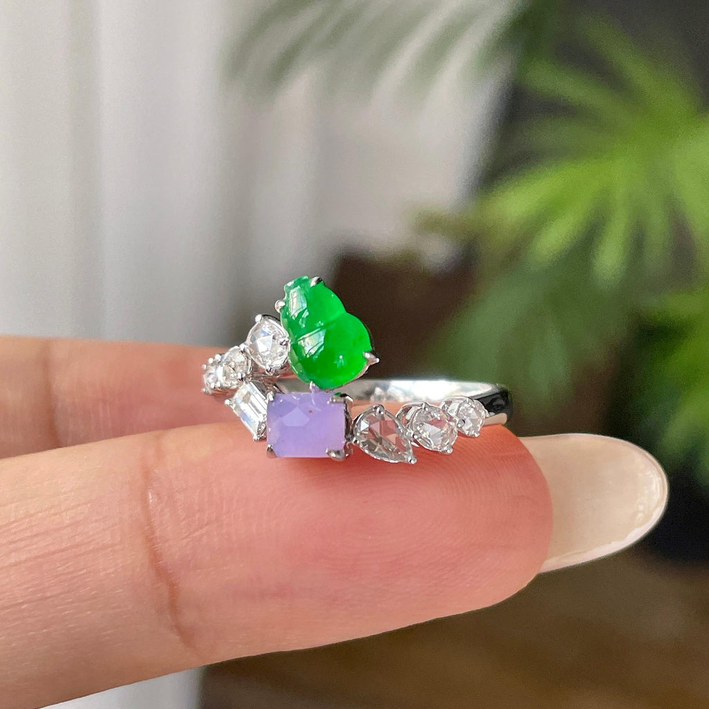 18k金钻镶冰种多彩葫芦戒指     天然缅甸A货翡翠（yc421299）