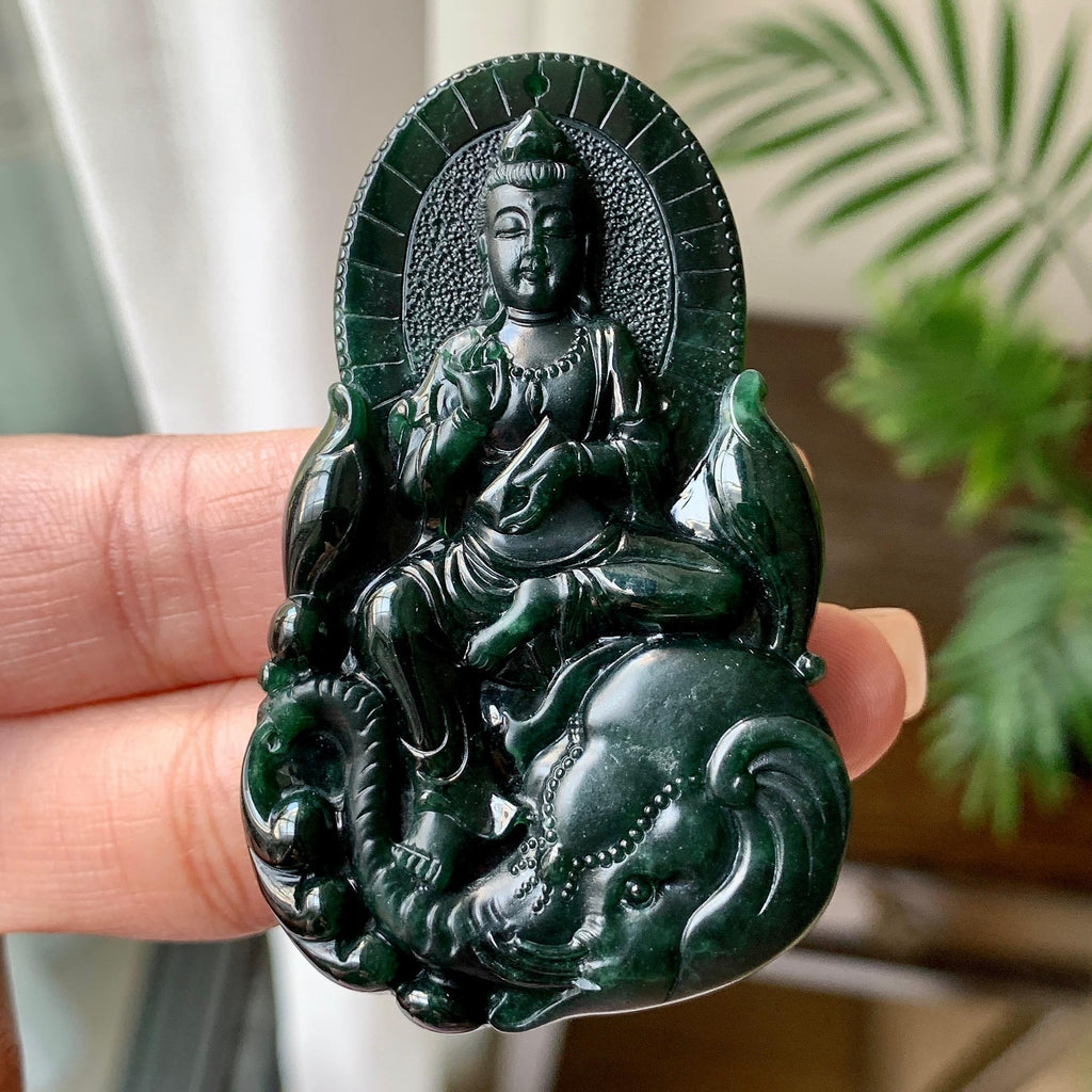 细糯种墨翠普贤菩萨挂件 天然缅甸A货翡翠（yc351361）