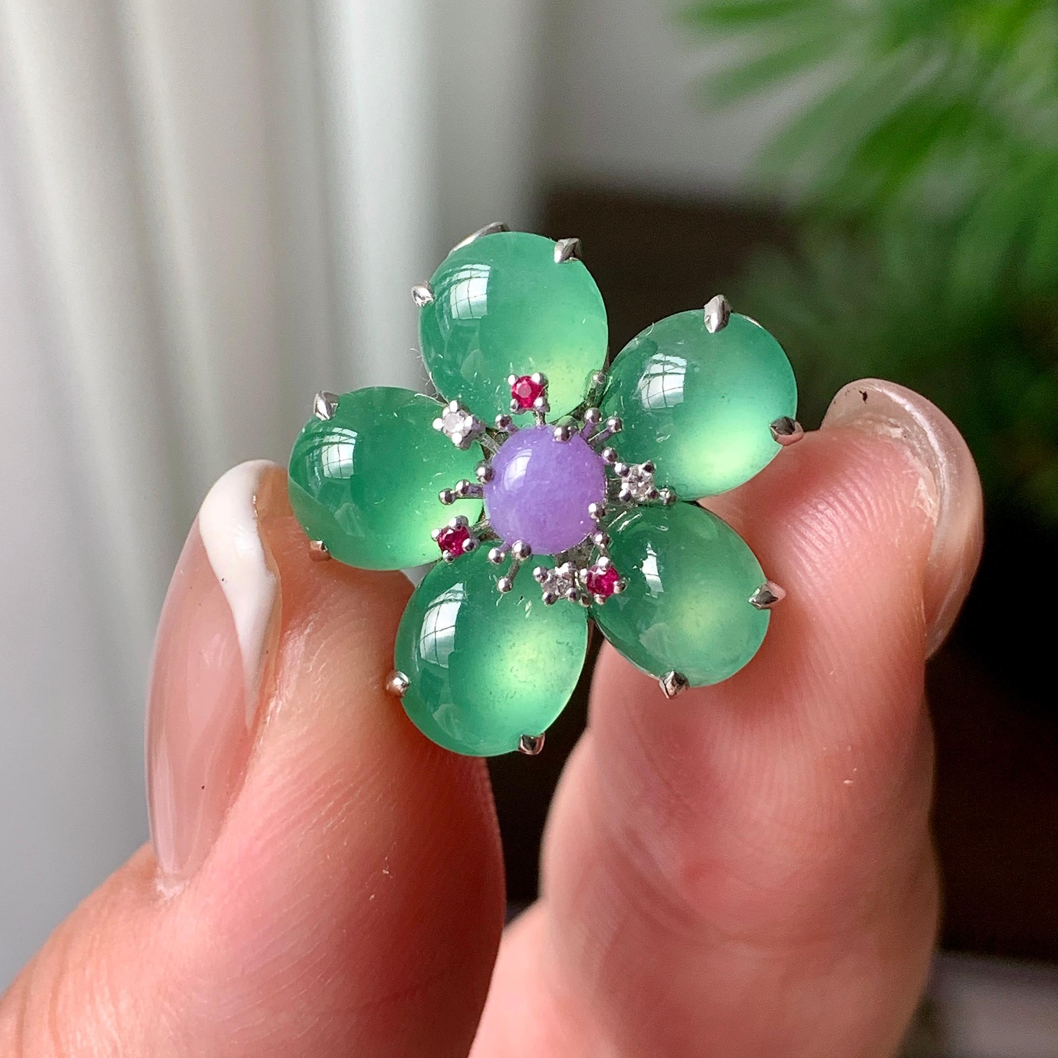 18K金钻镶糯冰种晴水花多胸针  天然缅甸A货翡翠（yc362090）