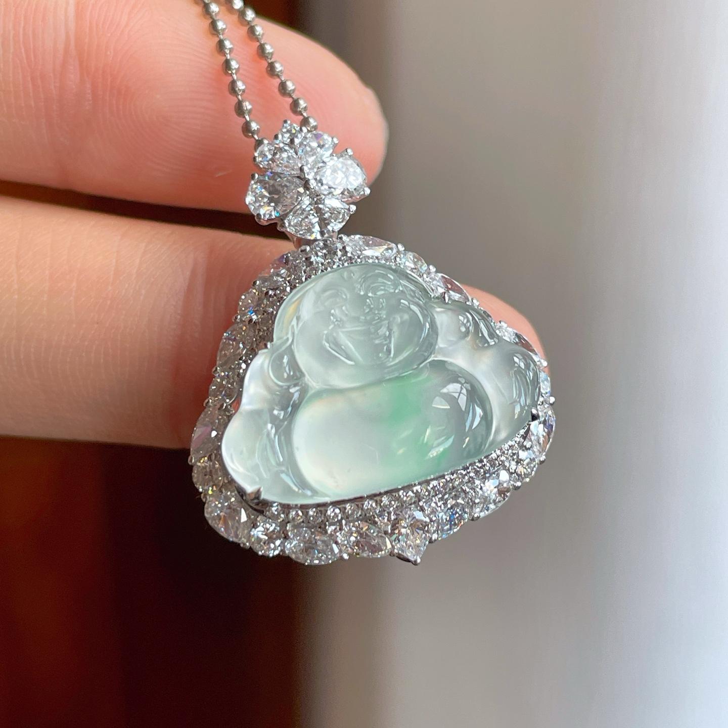 18k金钻镶冰玻种飘绿花翡翠佛公（yc312871）