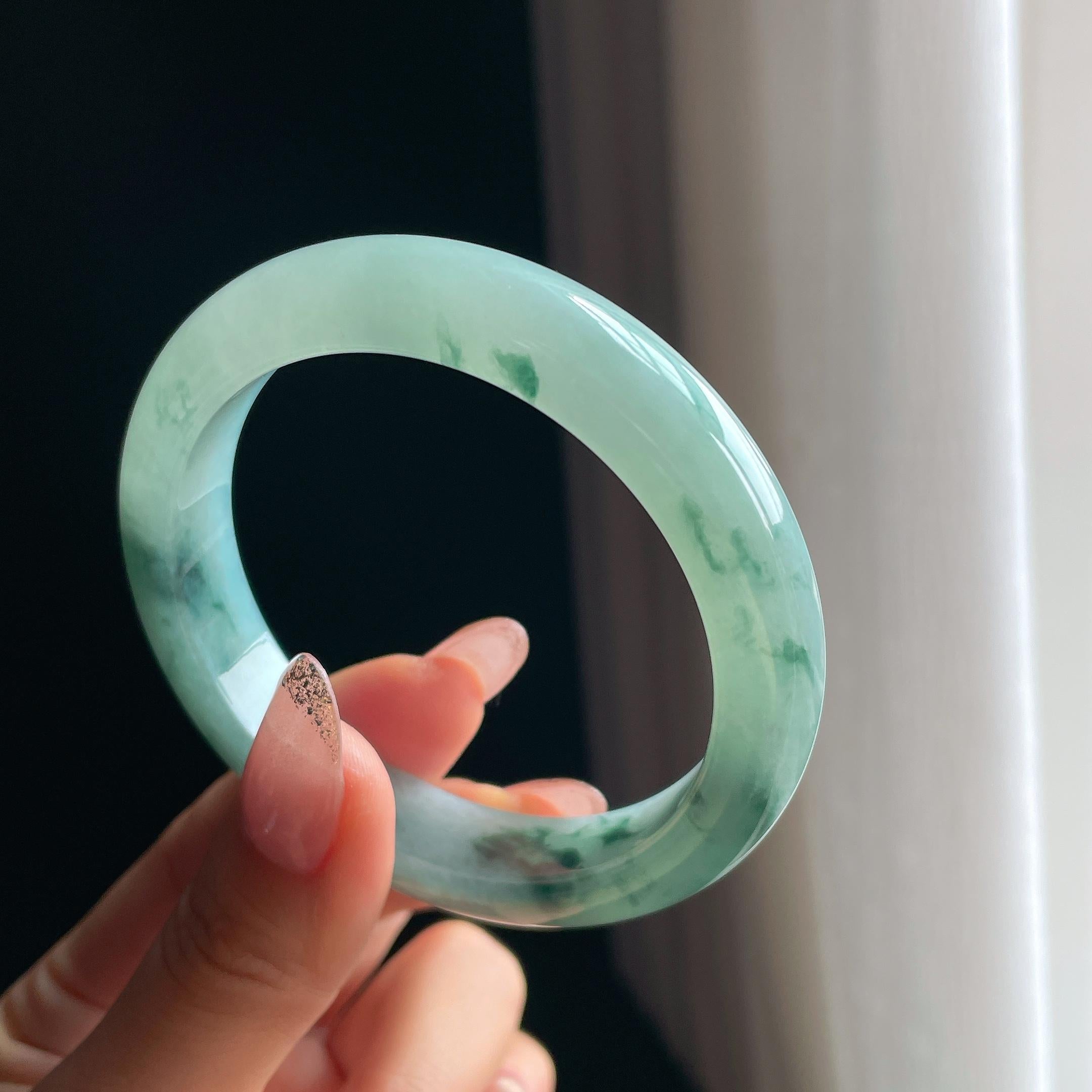 糯冰种飘水墨花翡翠平安镯（57.8mm)（yc348587）