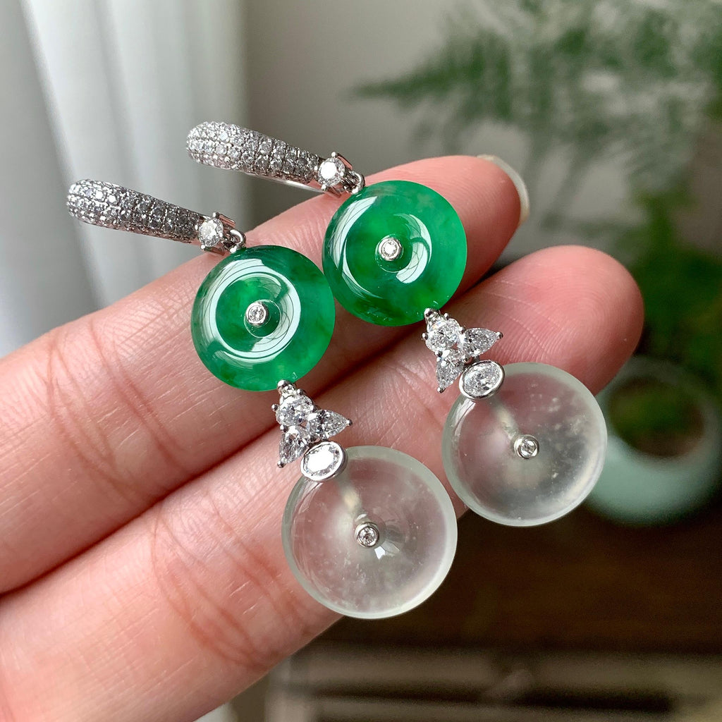 18K金钻镶糯冰种满绿平安扣耳坠（yc253819）